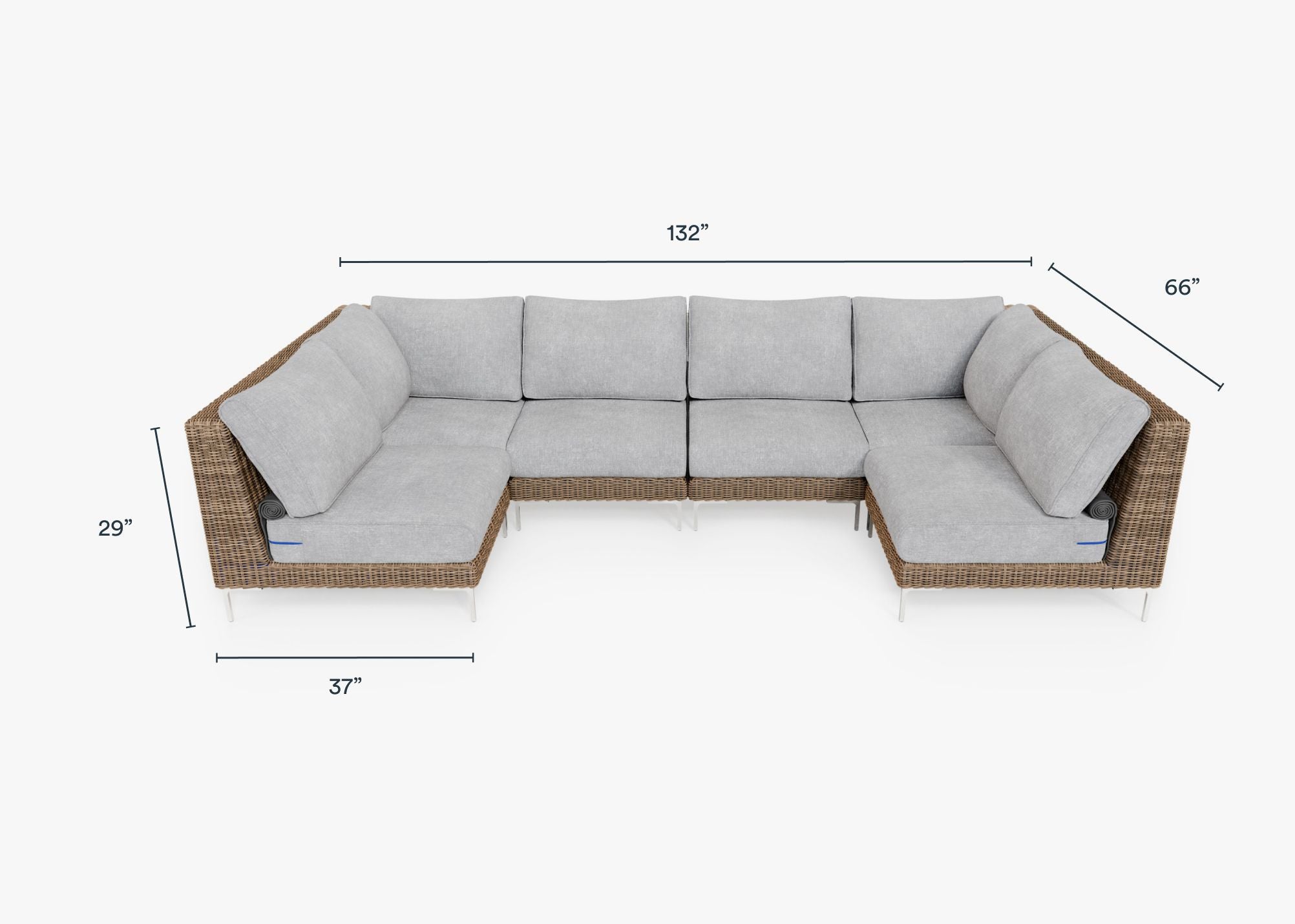 Brown Wicker Outdoor U Sectional - 6 Seat dimensions in inches, also listed under Dimensions and Weights. #color_pacific fog gray