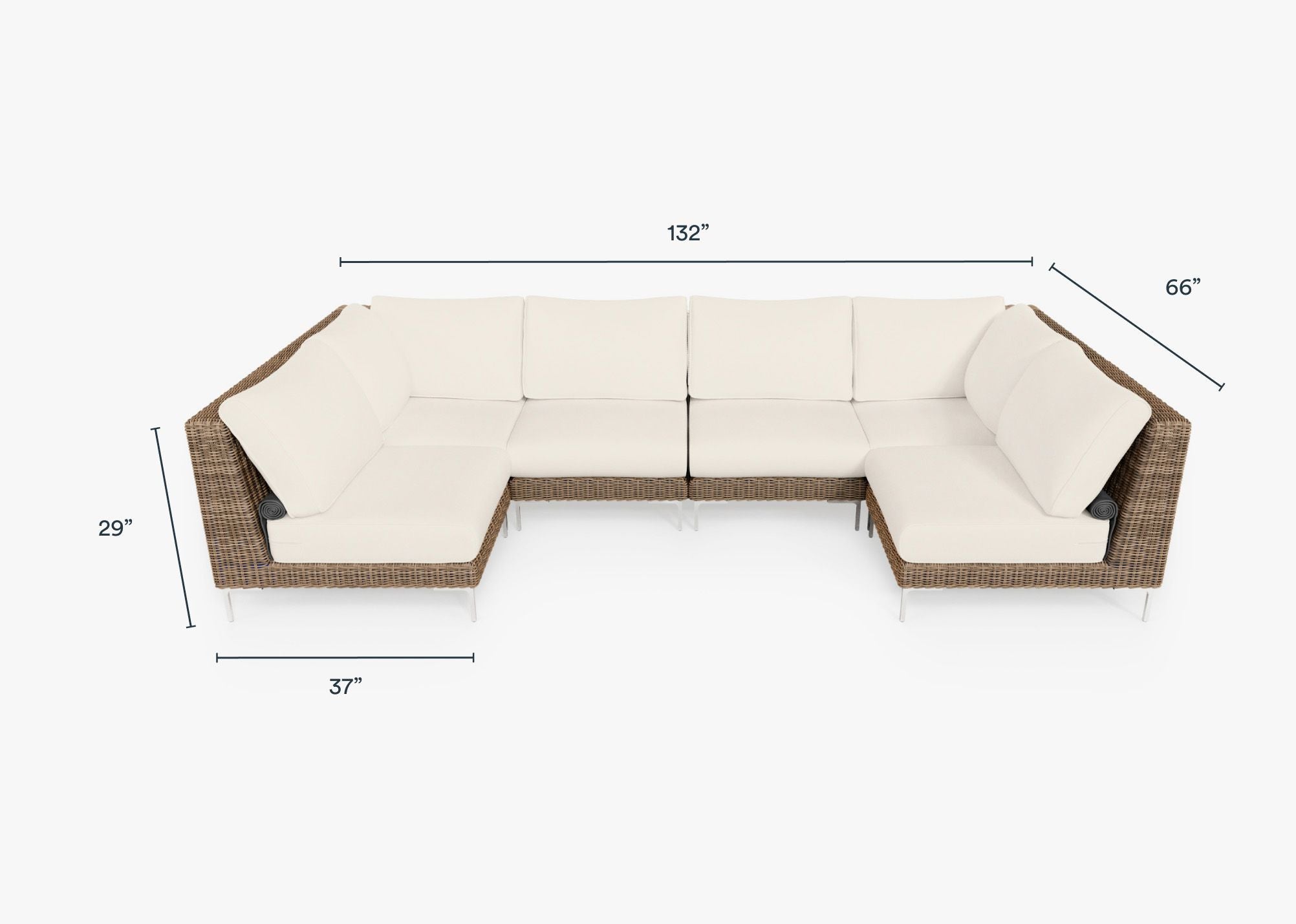 Brown Wicker Outdoor U Sectional - 6 Seat dimensions in inches, also listed under Dimensions and Weights. #color_palisades cream