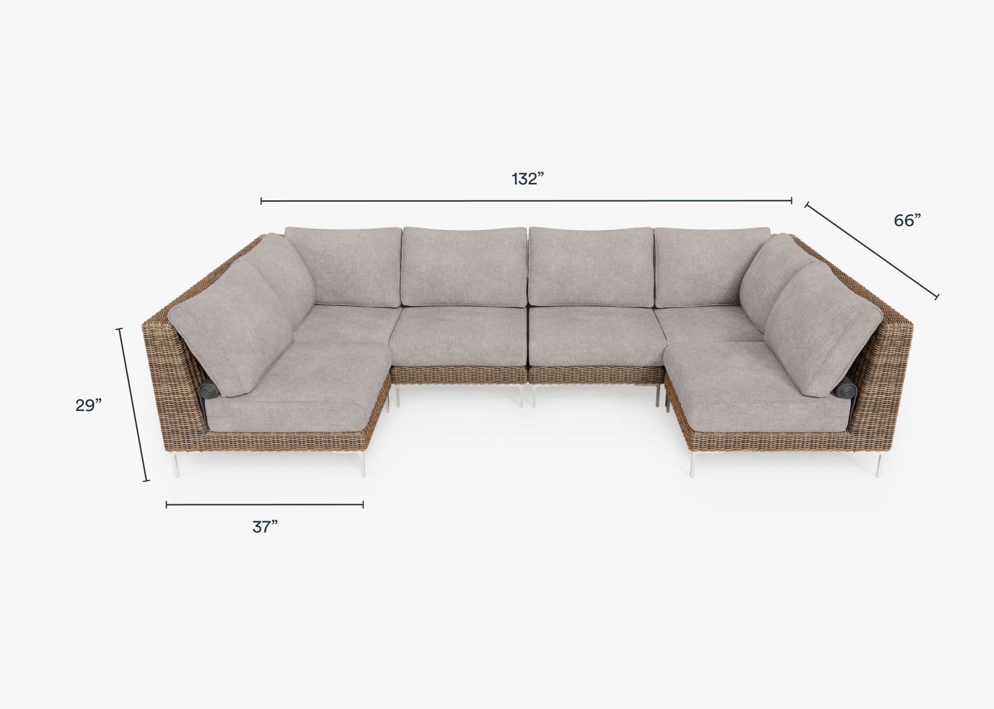 Brown Wicker Outdoor U Sectional - 6 Seat dimensions in inches, also listed under Dimensions and Weights. #color_sandstone gray
