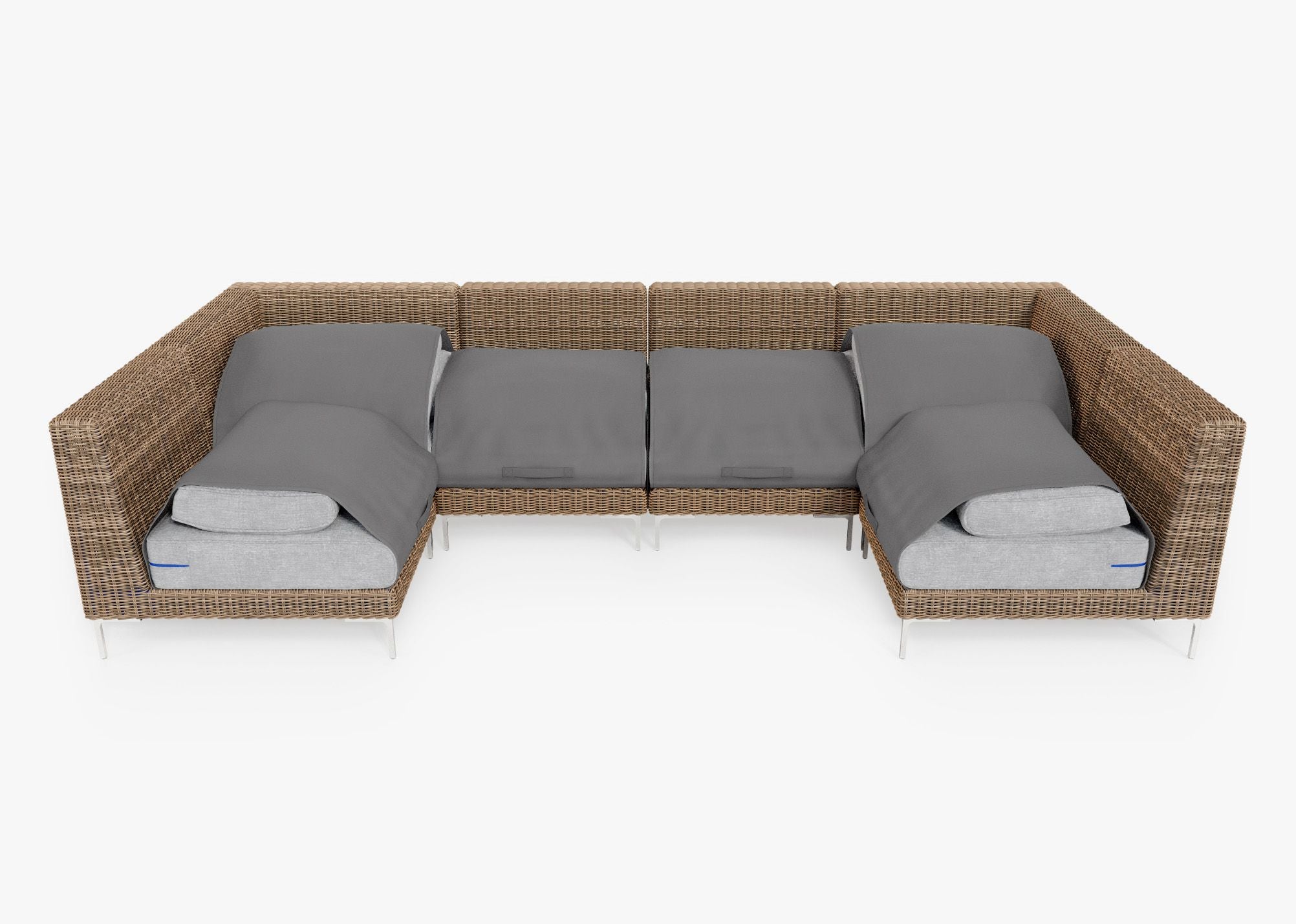 Brown Wicker Outdoor U Sectional - 6 Seat shown with the OuterShell outdoor cushion cover, offering exclusive integrated protection. #color_pacific fog gray