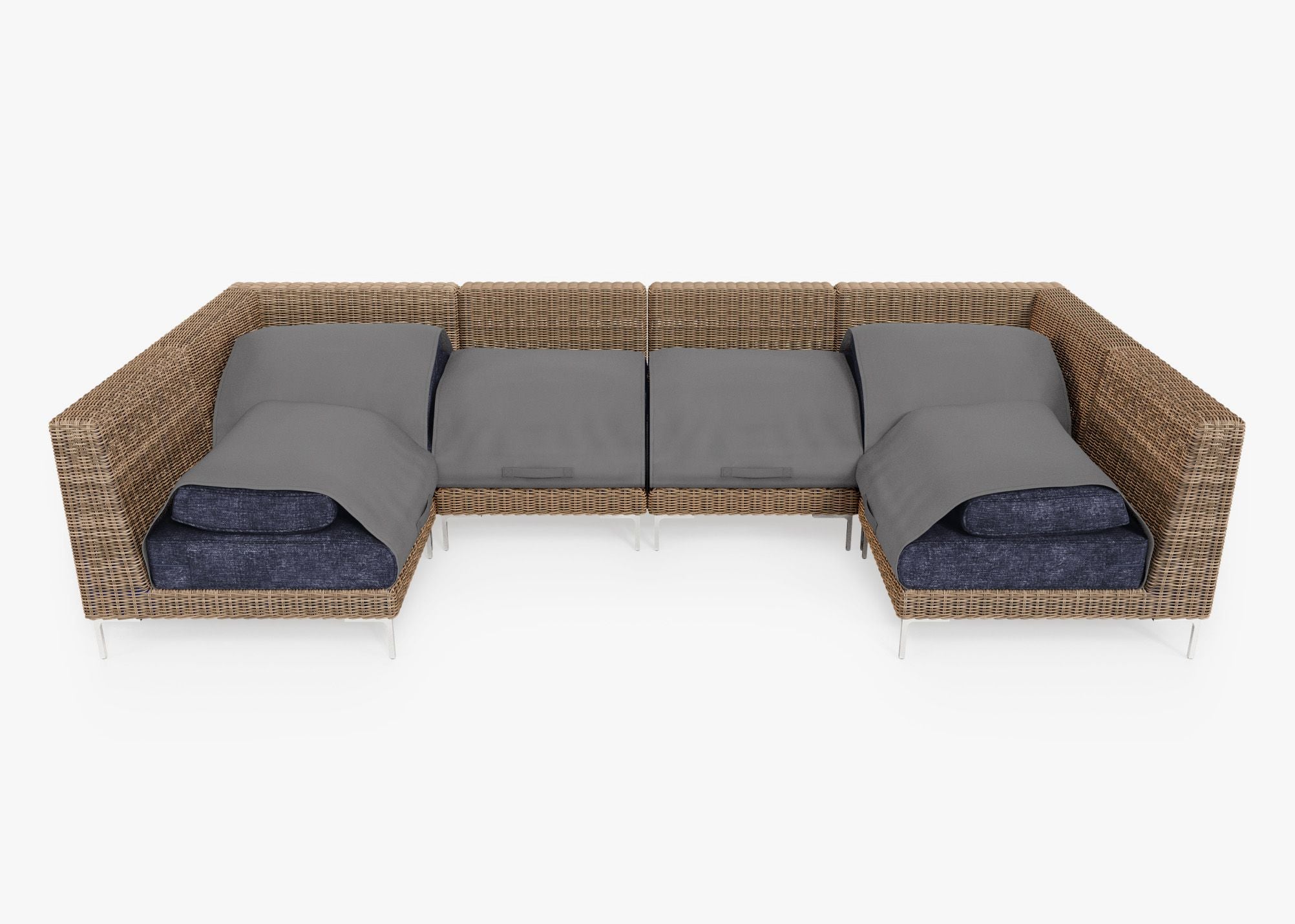 Brown Wicker Outdoor U Sectional - 6 Seat shown with the OuterShell outdoor cushion cover, offering exclusive integrated protection. #color_deep sea navy