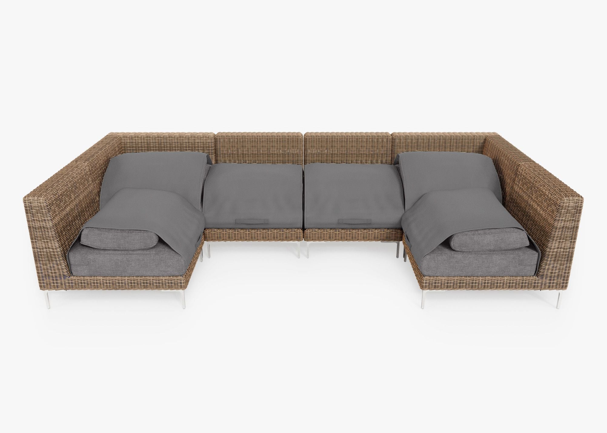 Brown Wicker Outdoor U Sectional - 6 Seat shown with the OuterShell outdoor cushion cover, offering exclusive integrated protection. #color_dark pebble gray