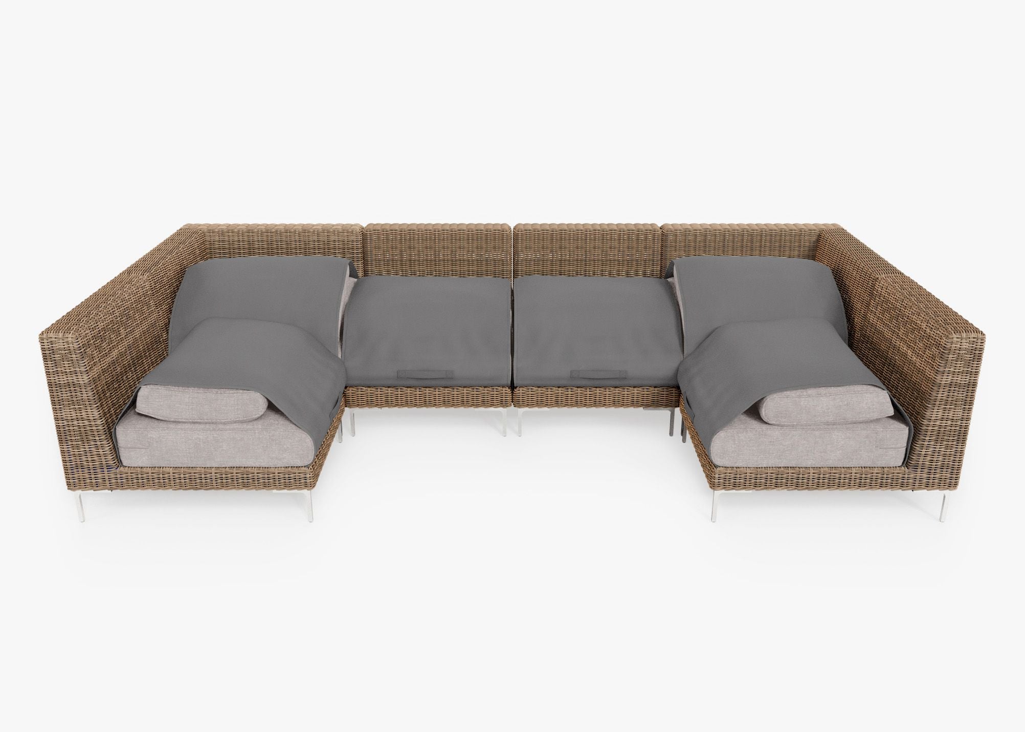 Brown Wicker Outdoor U Sectional - 6 Seat shown with the OuterShell outdoor cushion cover, offering exclusive integrated protection. #color_sandstone gray