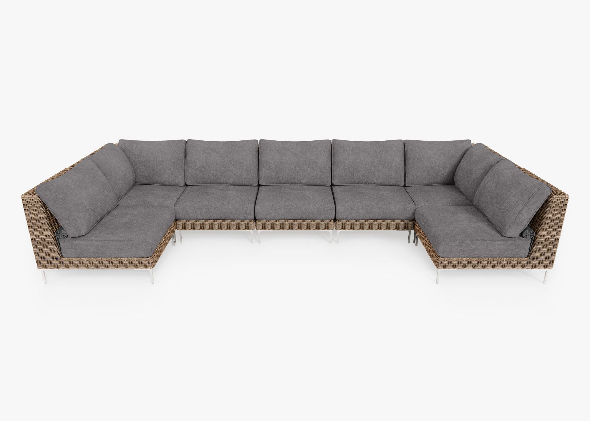 Brown Wicker Outdoor U Sectional - 7 Seat, front. Comfortable, durable, and weather resistant outdoor seating with memory foam. #color_dark pebble gray
