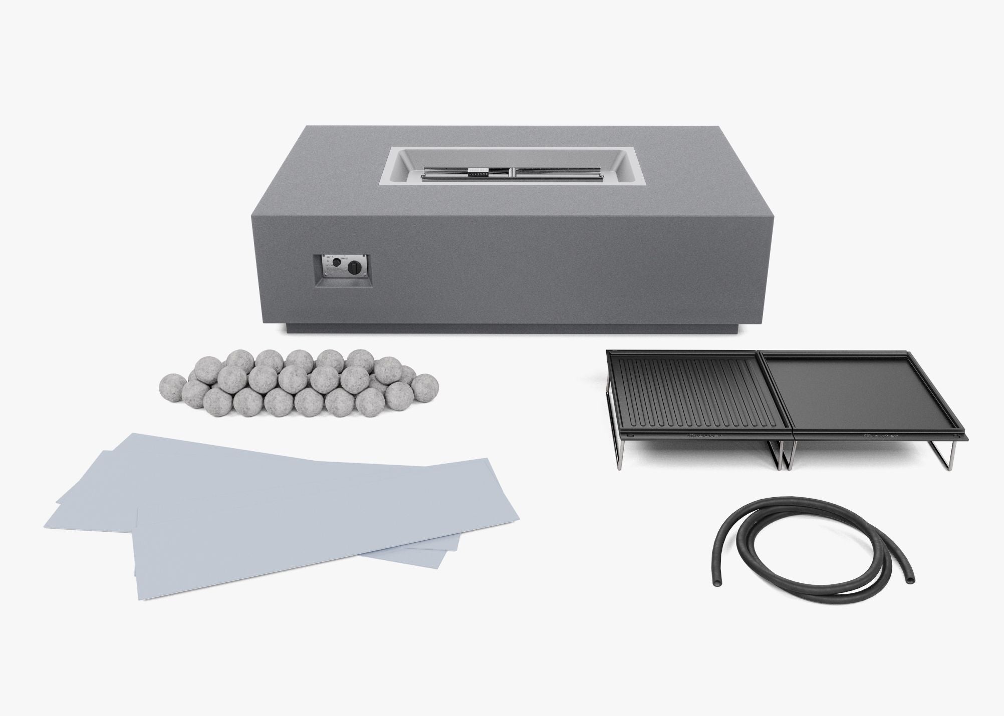 Outdoor Fire Pit Table Cooking Set components: fire medium, cast iron griddle plates, splatter guard, propane gas hose. 