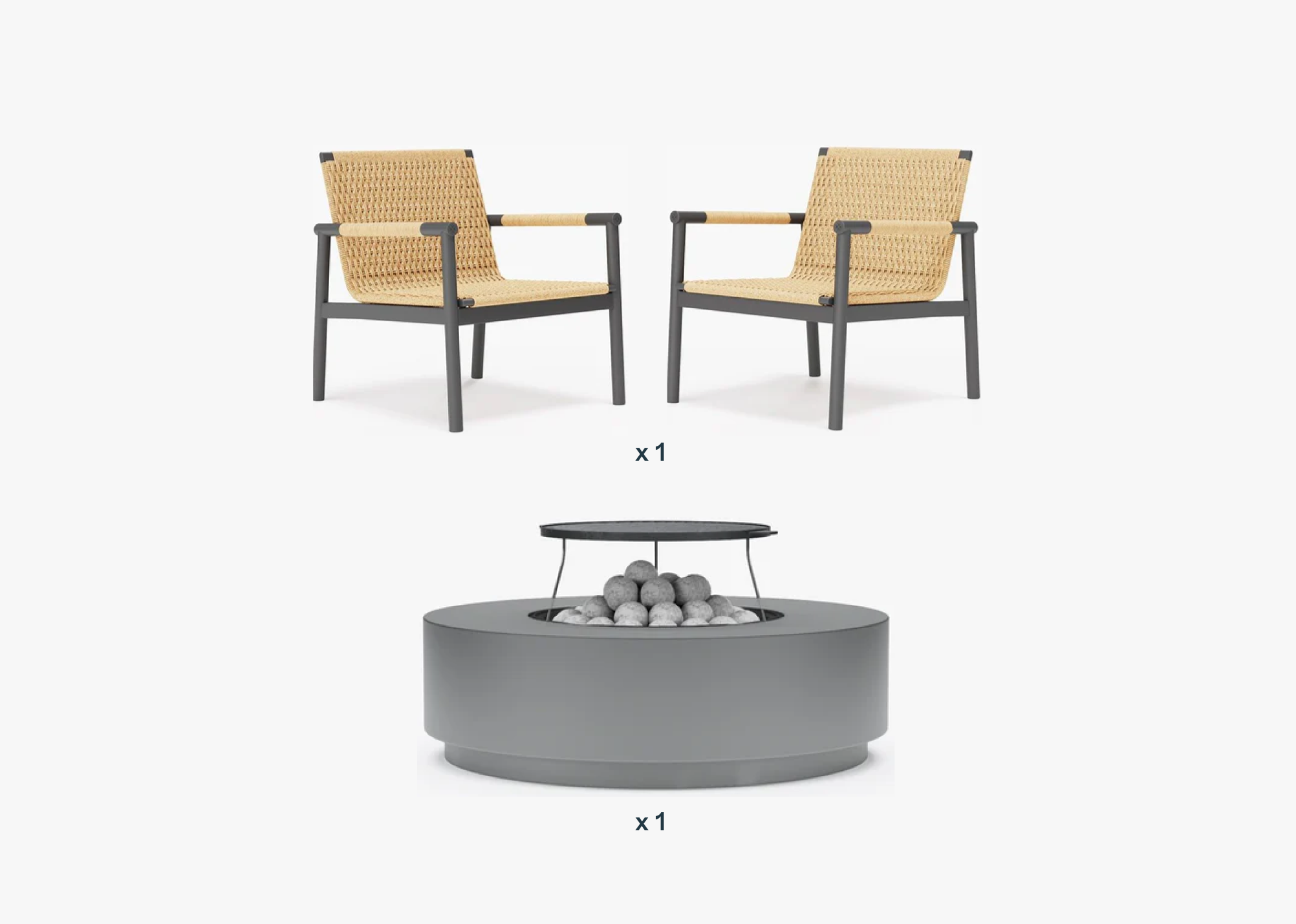 Flex Conversation Set with Round Fire Pit Bundle featuring two modern outdoor lounge chairs with woven seats and metal frames, paired with a round concrete fire pit table with fire media, displayed on a clean white background with quantities indicated.