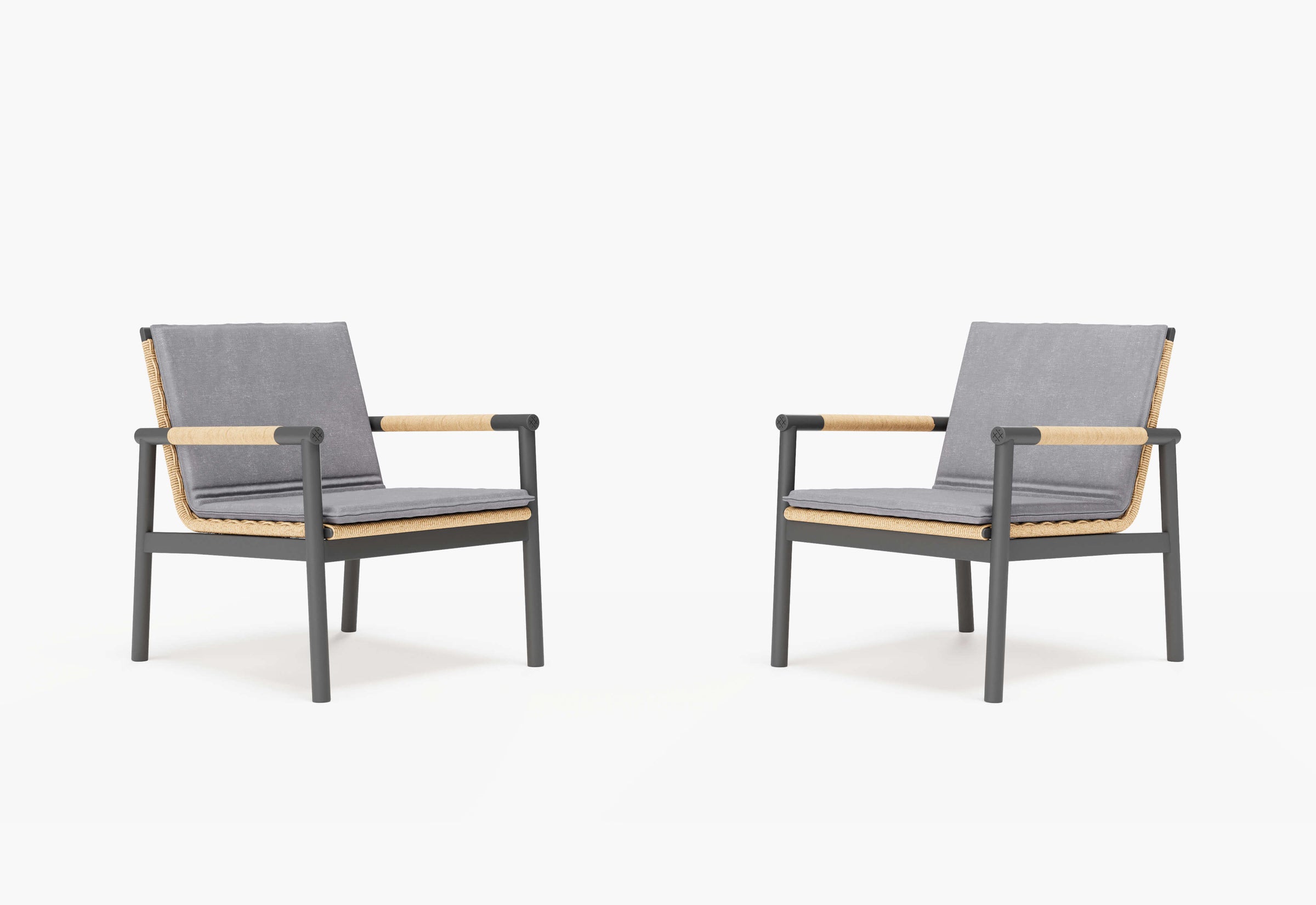 Pair of outdoor conversation armchairs with comfortable replacement outdoor cushions