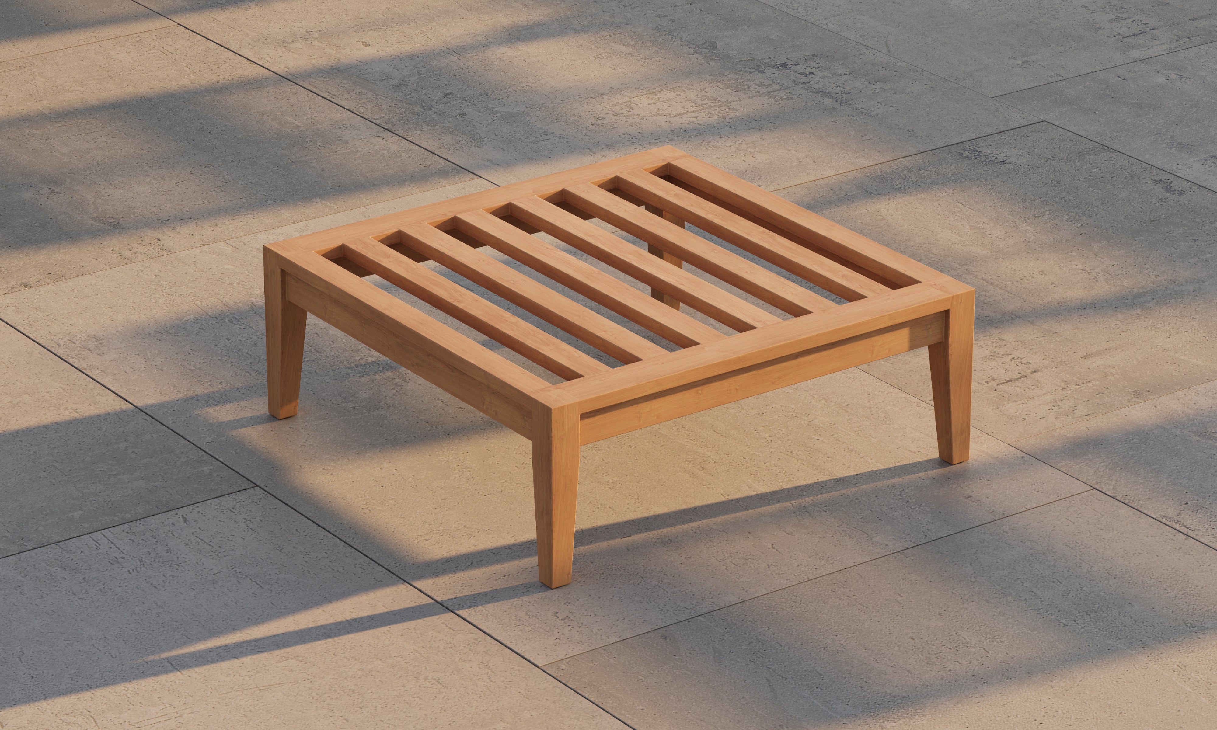 Solid teak outdoor coffee table with slatted top design, placed on a sunlit stone patio, showcasing minimalist construction and natural wood grain texture