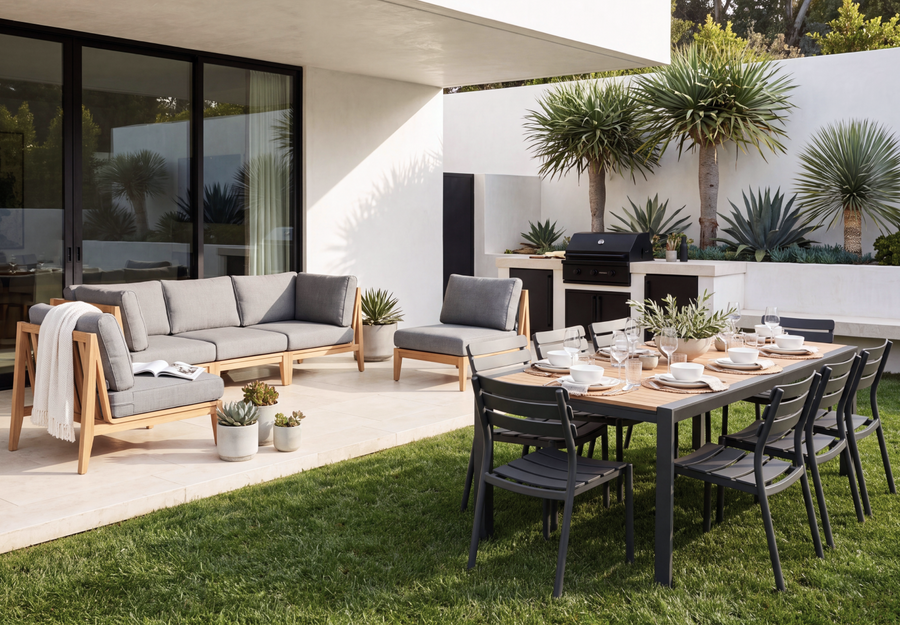 Outer teak outdoor sofa and dining furniture arranged on a modern patio