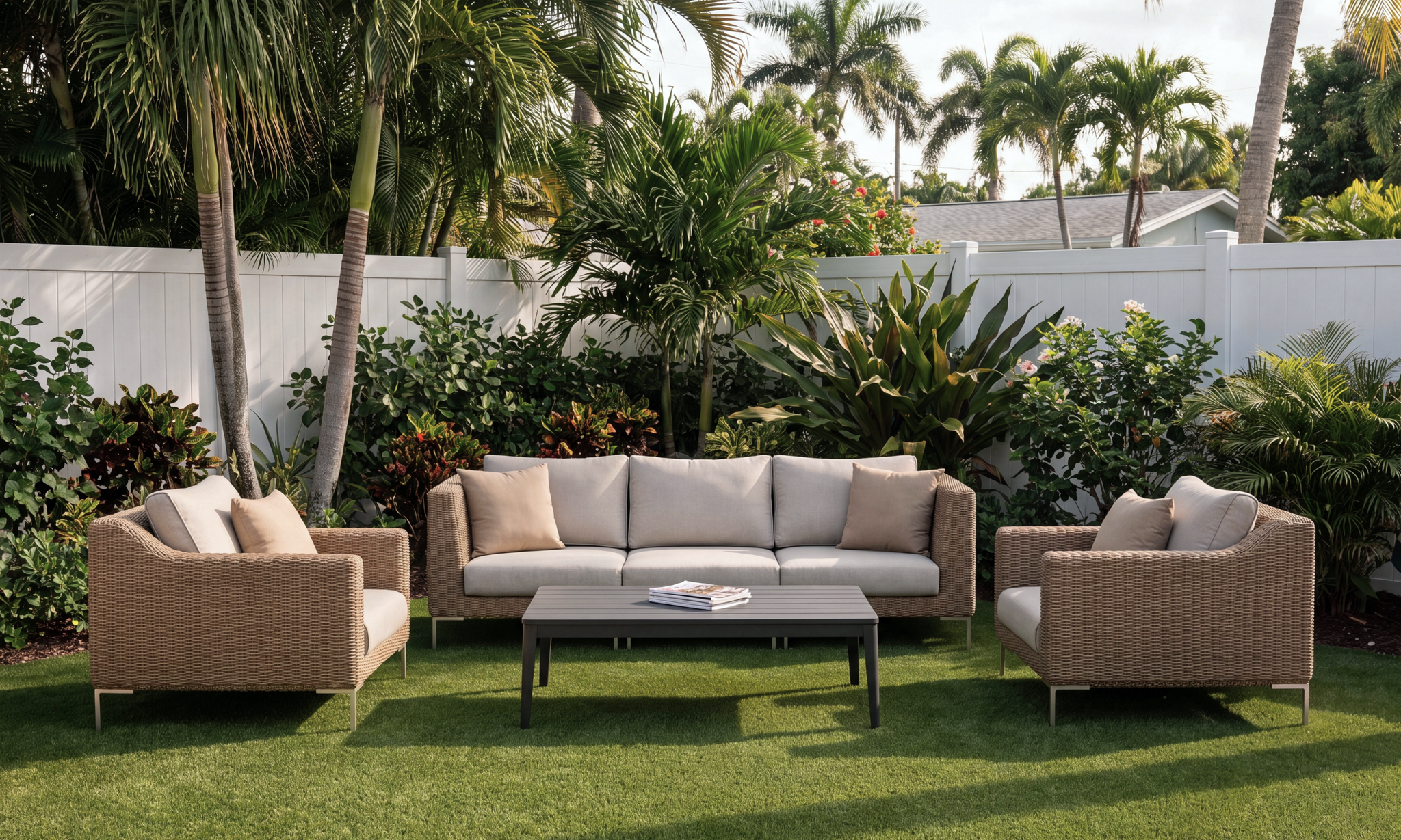 Brown wicker sofa and coffee table arranged for a relaxed enclosed sun porch
