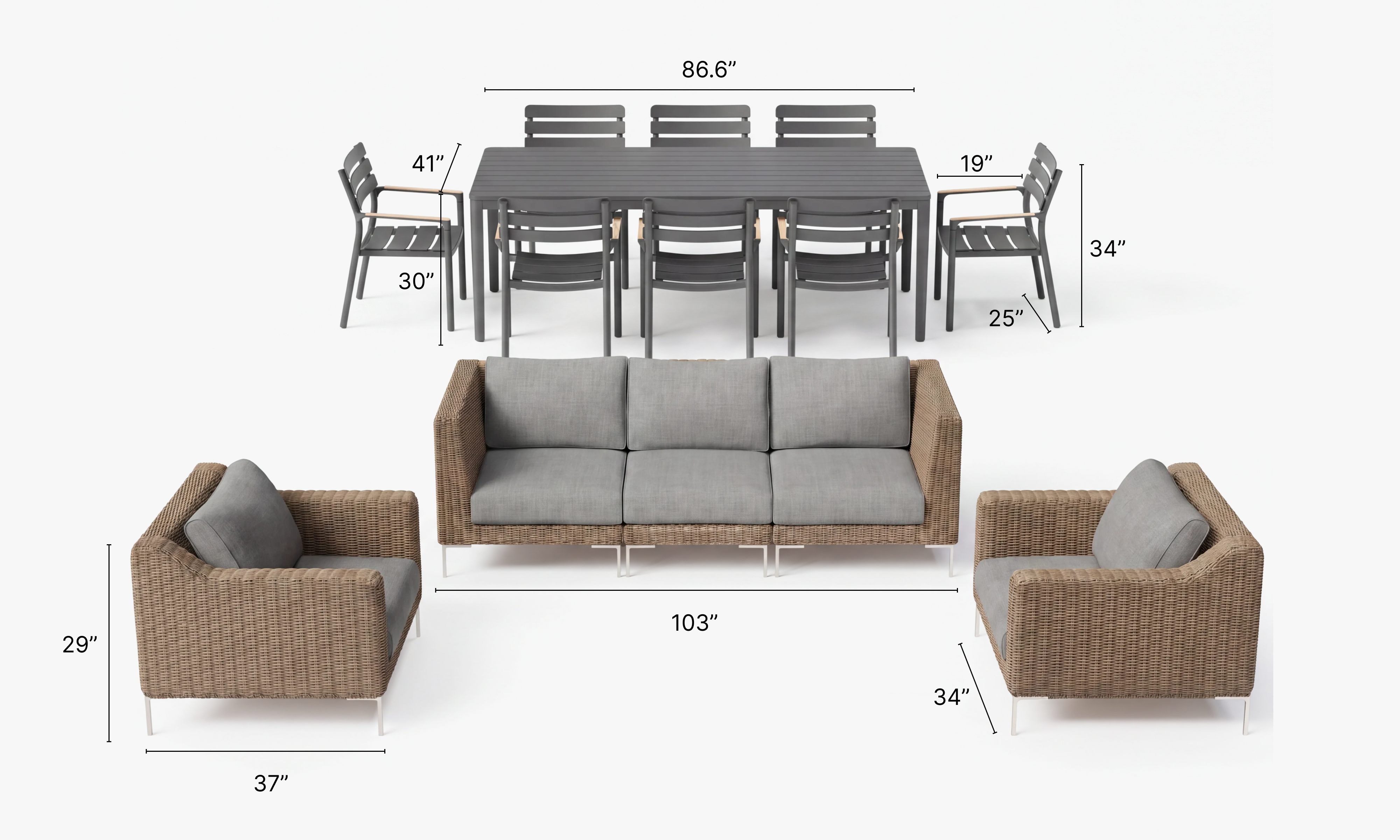 Outer-Pacific-Fog-Gray-Brown-Wicker-Sofa + 8 Seat-Aluminum-Dining-Set2. #color_pacific fog gray