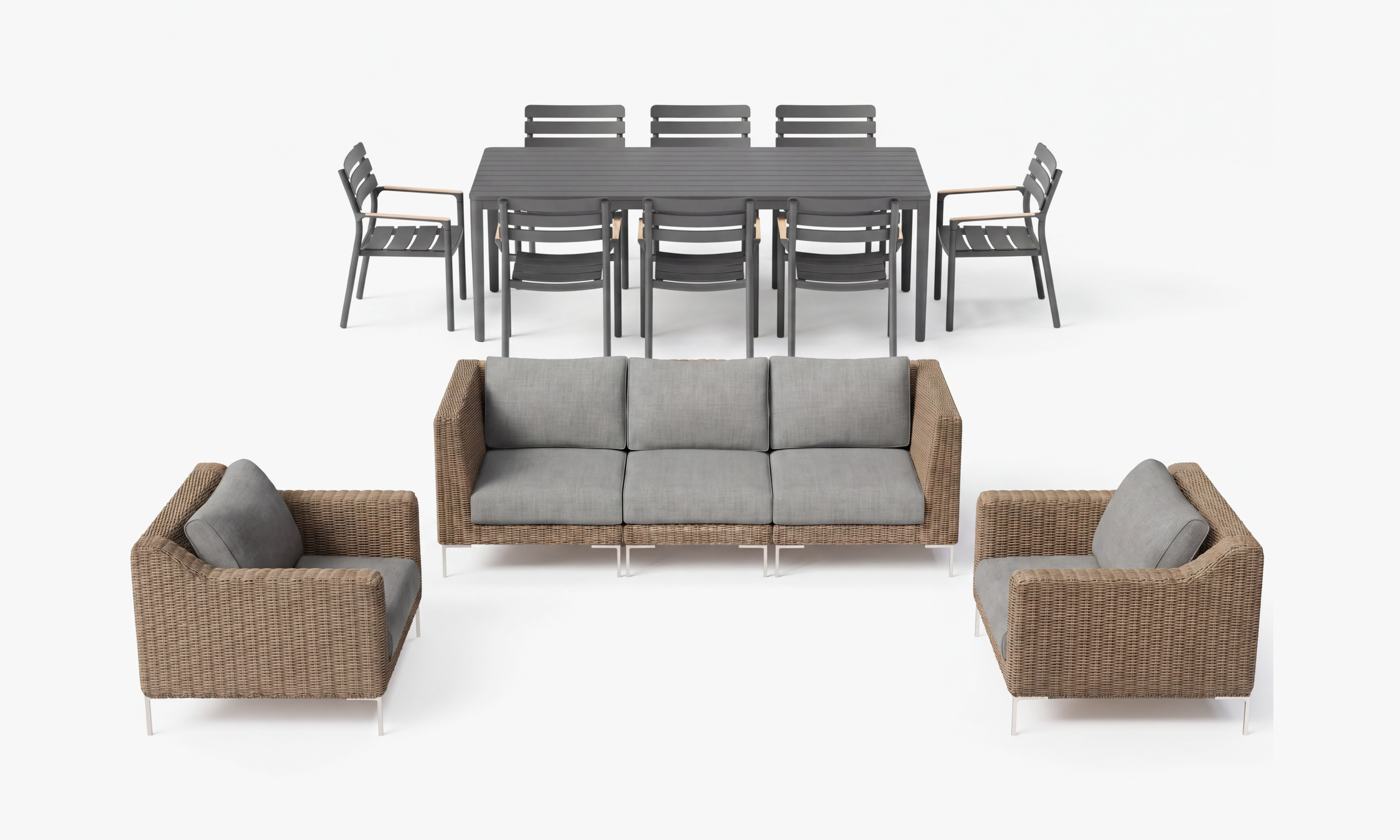 Outer-Pacific-Fog-Gray_Brown_Wicker_Sofa_8_Seat_Aluminum_Dining_Set1. #color_pacific fog gray