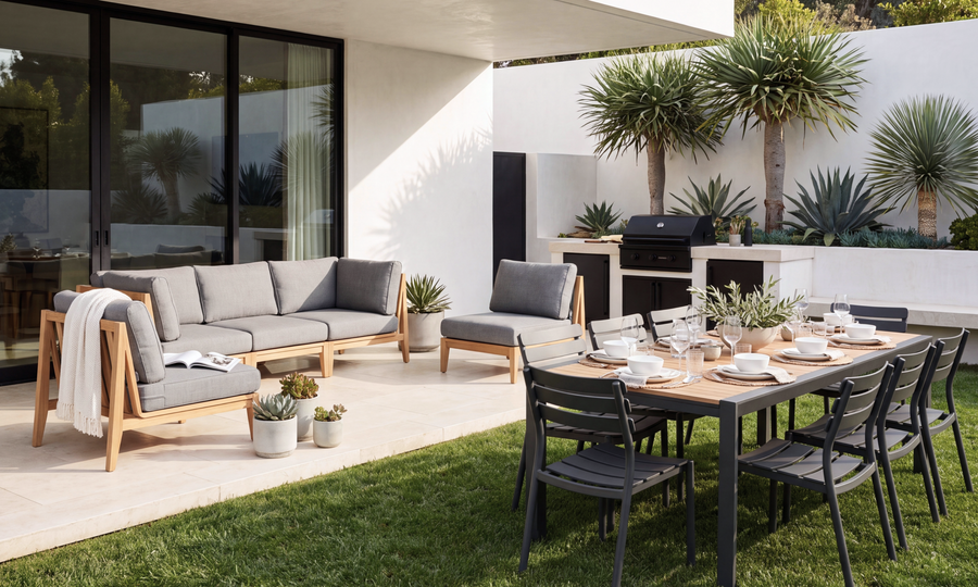 Teak lounge seating and an extendable dining table arranged in separate outdoor areas beside a home.