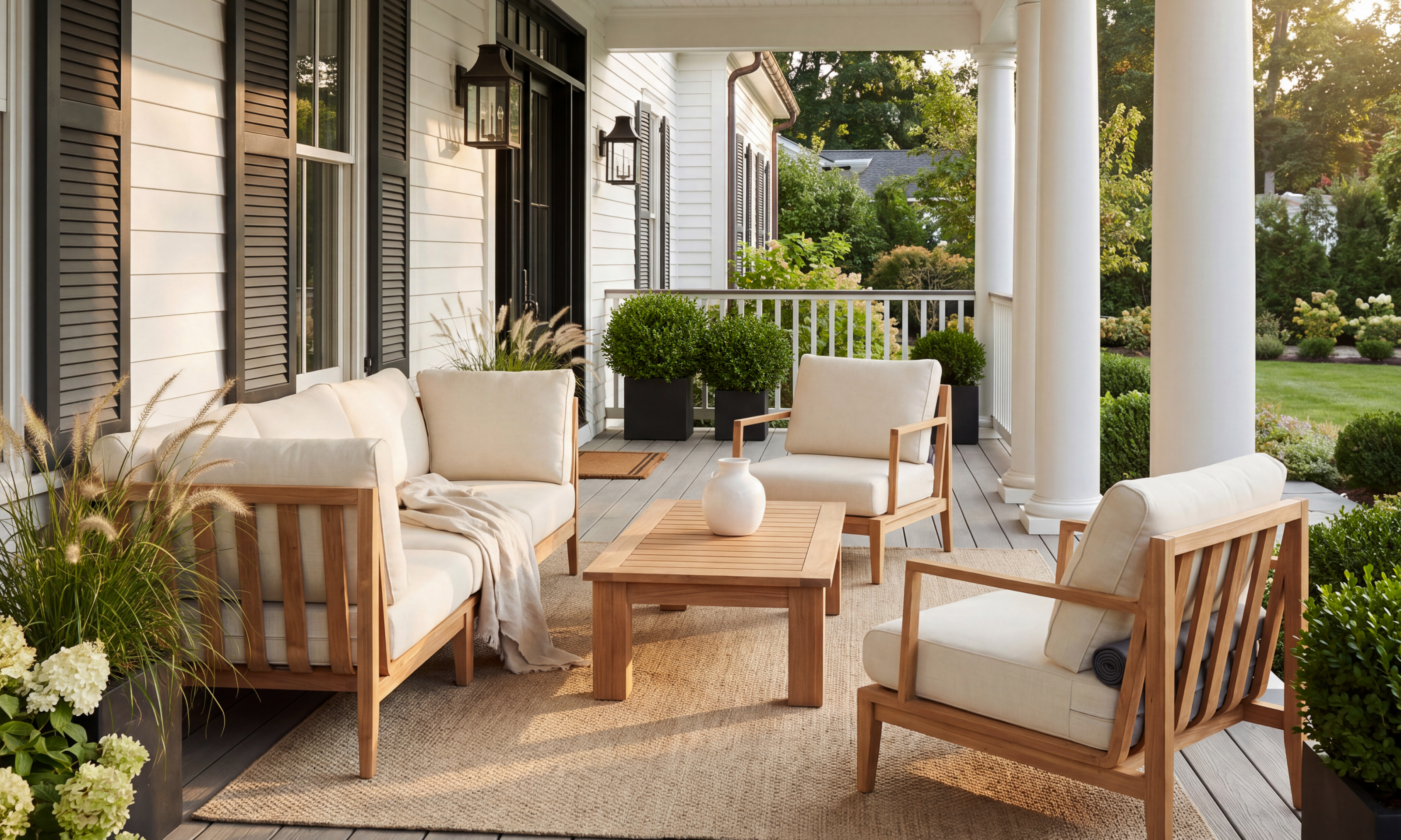 Teak outdoor sofa and coffee table in a warm natural patio setting