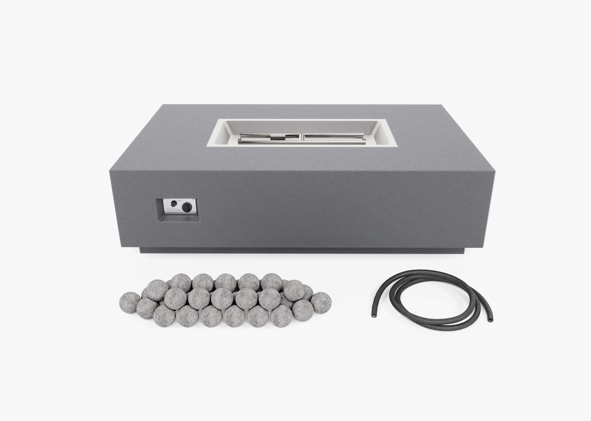 Fire pit table, spheres, and gas hose. 