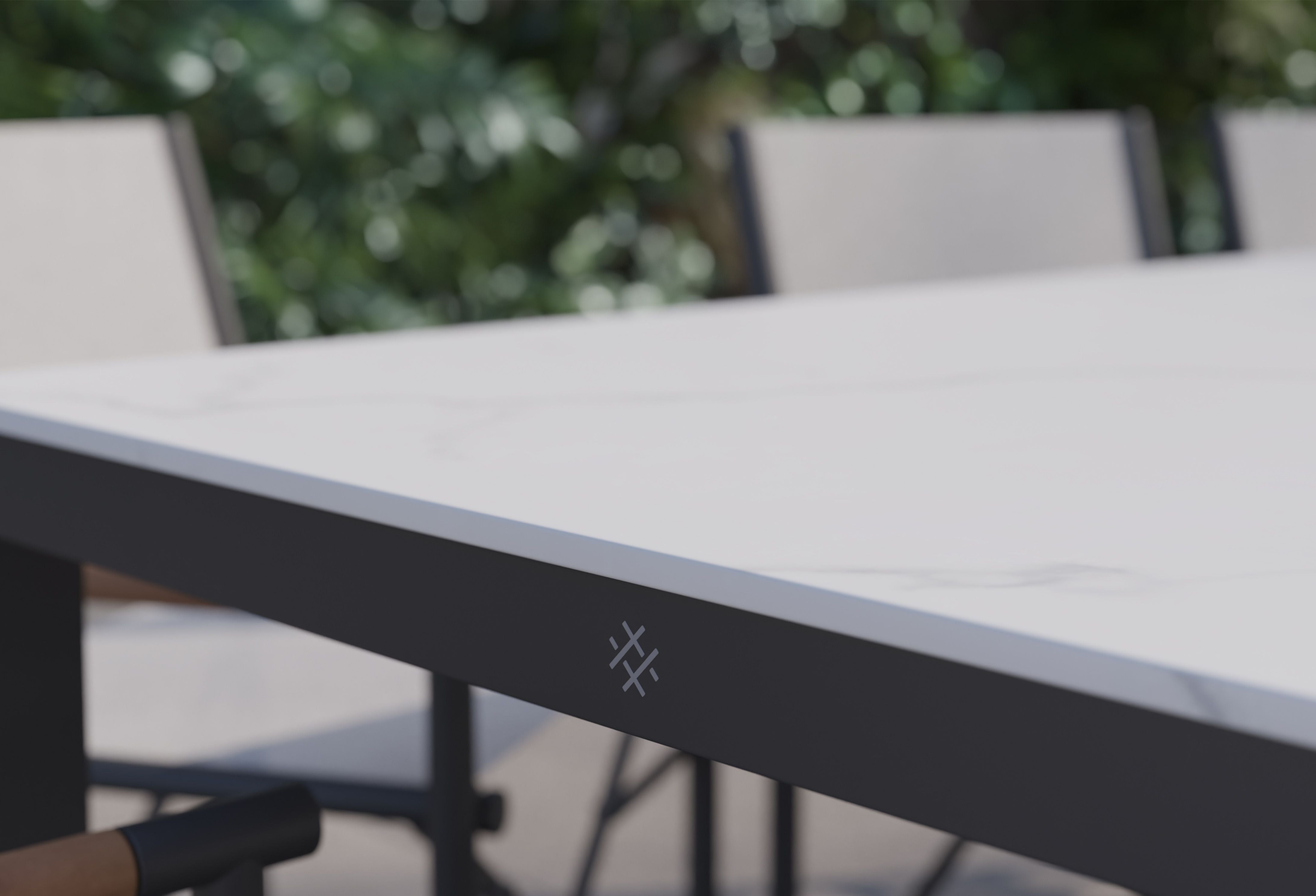 OuterStone Outdoor Dining Table + 2 595 Armchairs + 3 595 Armless Chairs + Aluminum Dining Bench #table color_glacier white