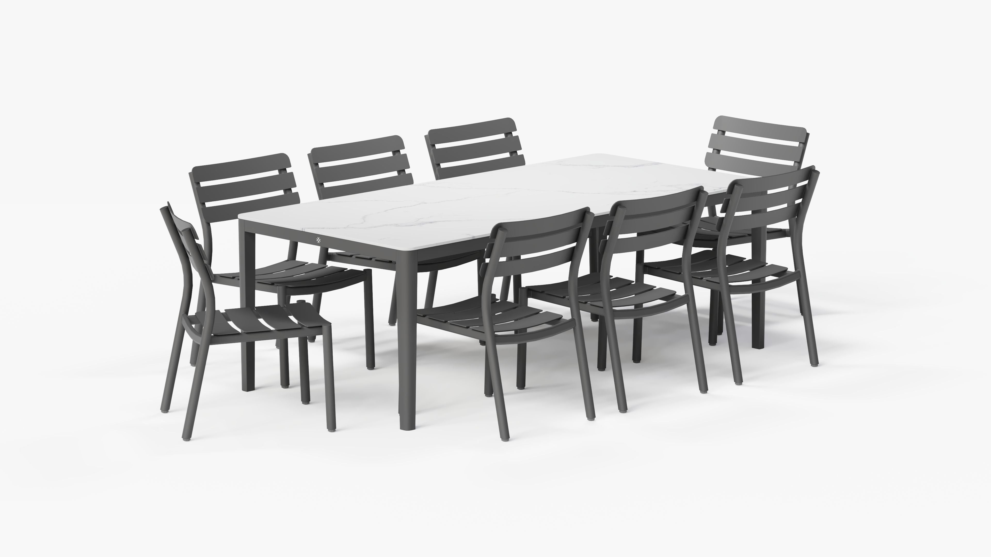 OuterStone Dining Table in Glacier White with 8 595 Armless Chairs, 3/4 view. #table color_glacier white
