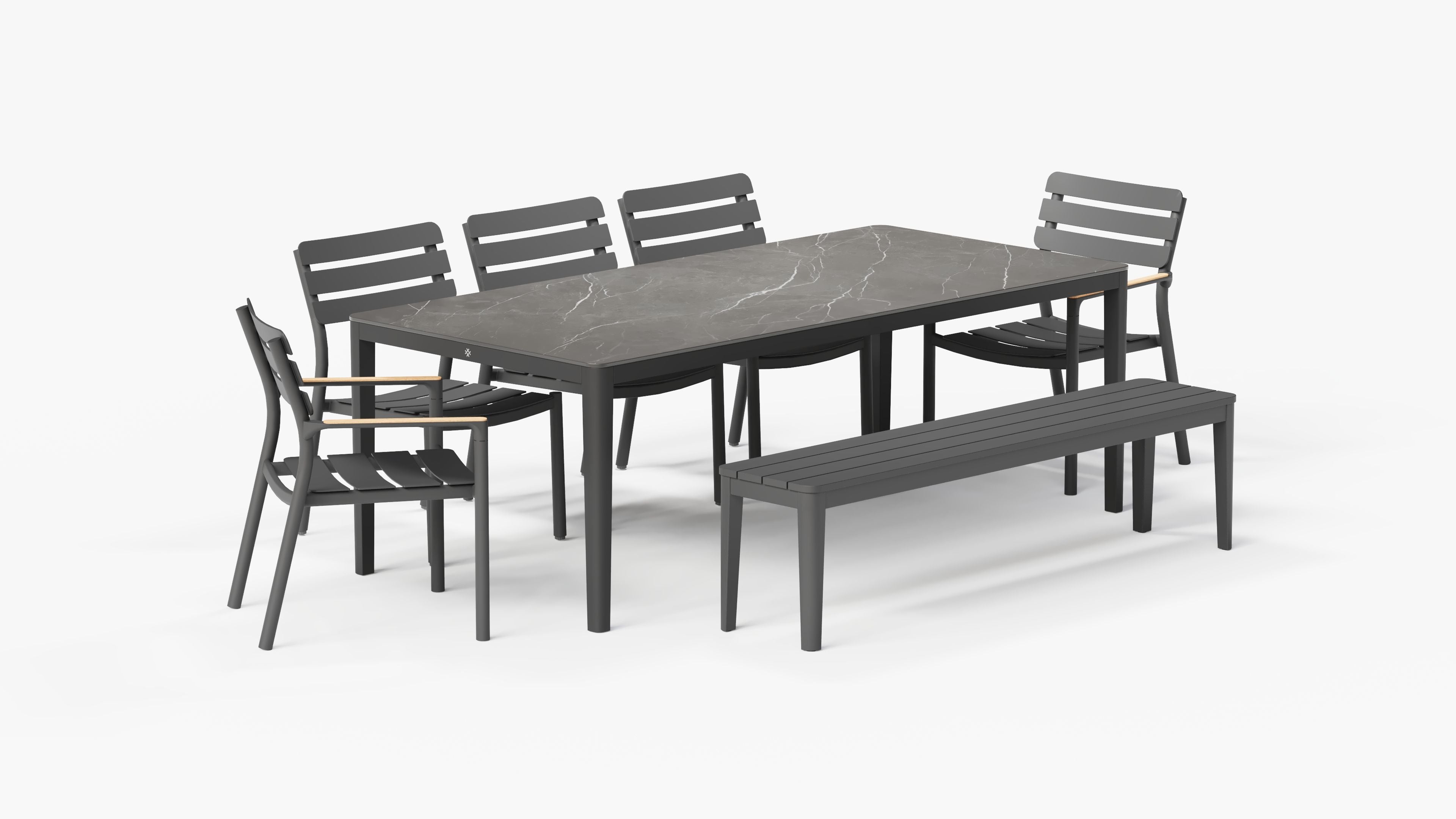 OuterStone Dining Table in Mineral Gray with 3 595 Armless Chairs, 2 595 Armchairs, and 1 bench, 3/4 view. #table color_mineral gray