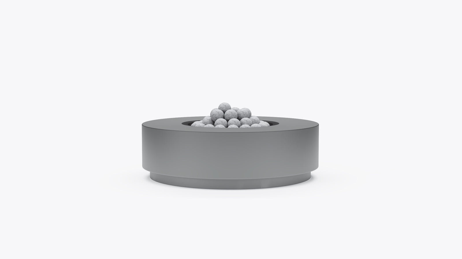 Round concrete outdoor fire pit table with ceramic spheres