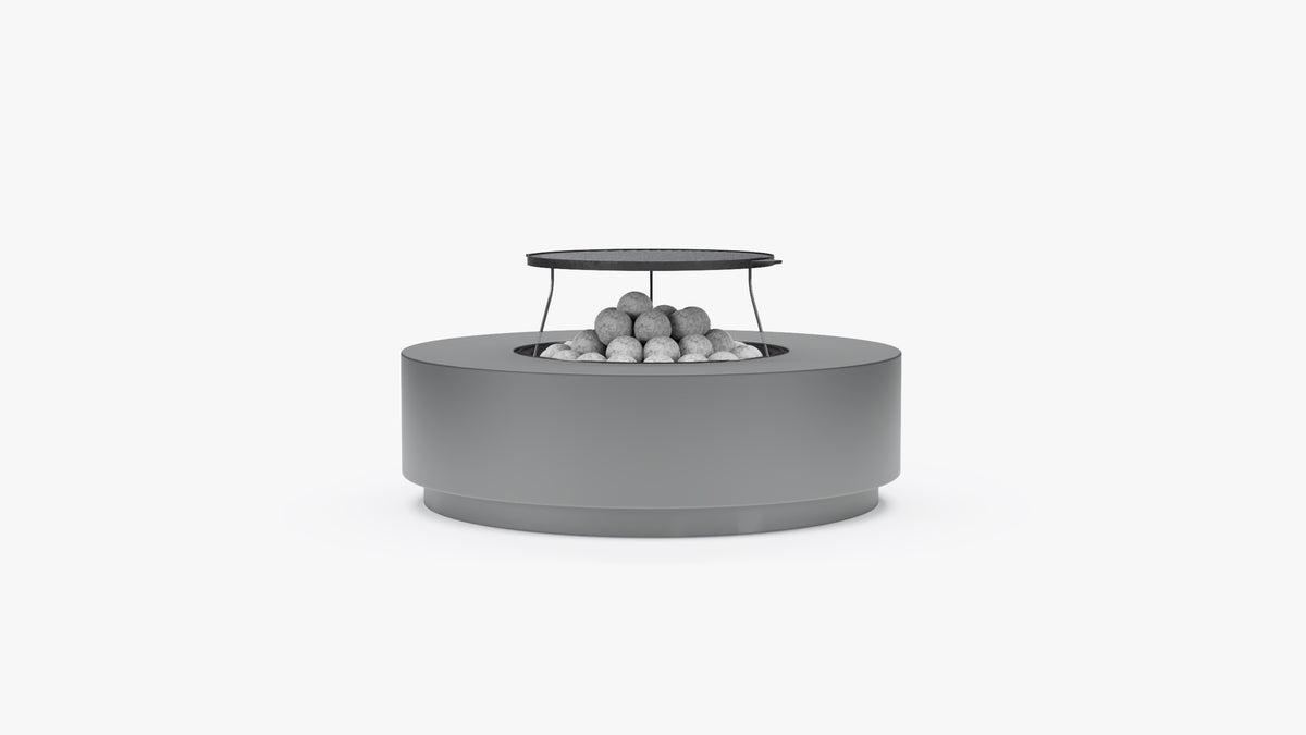 Round concrete fire pit table with optional cooking surface