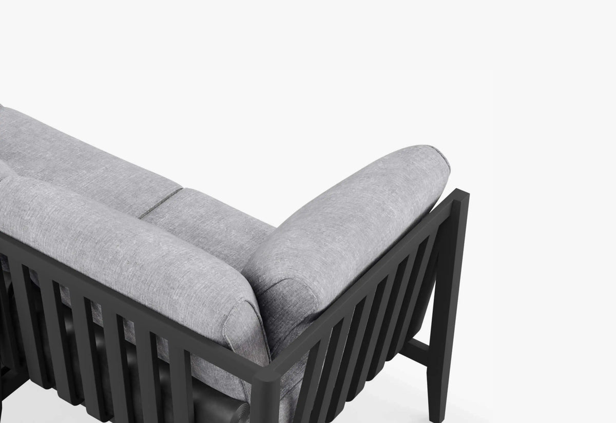 Charcoal aluminum outdoor sofa with built-in OuterShell cushion protection
