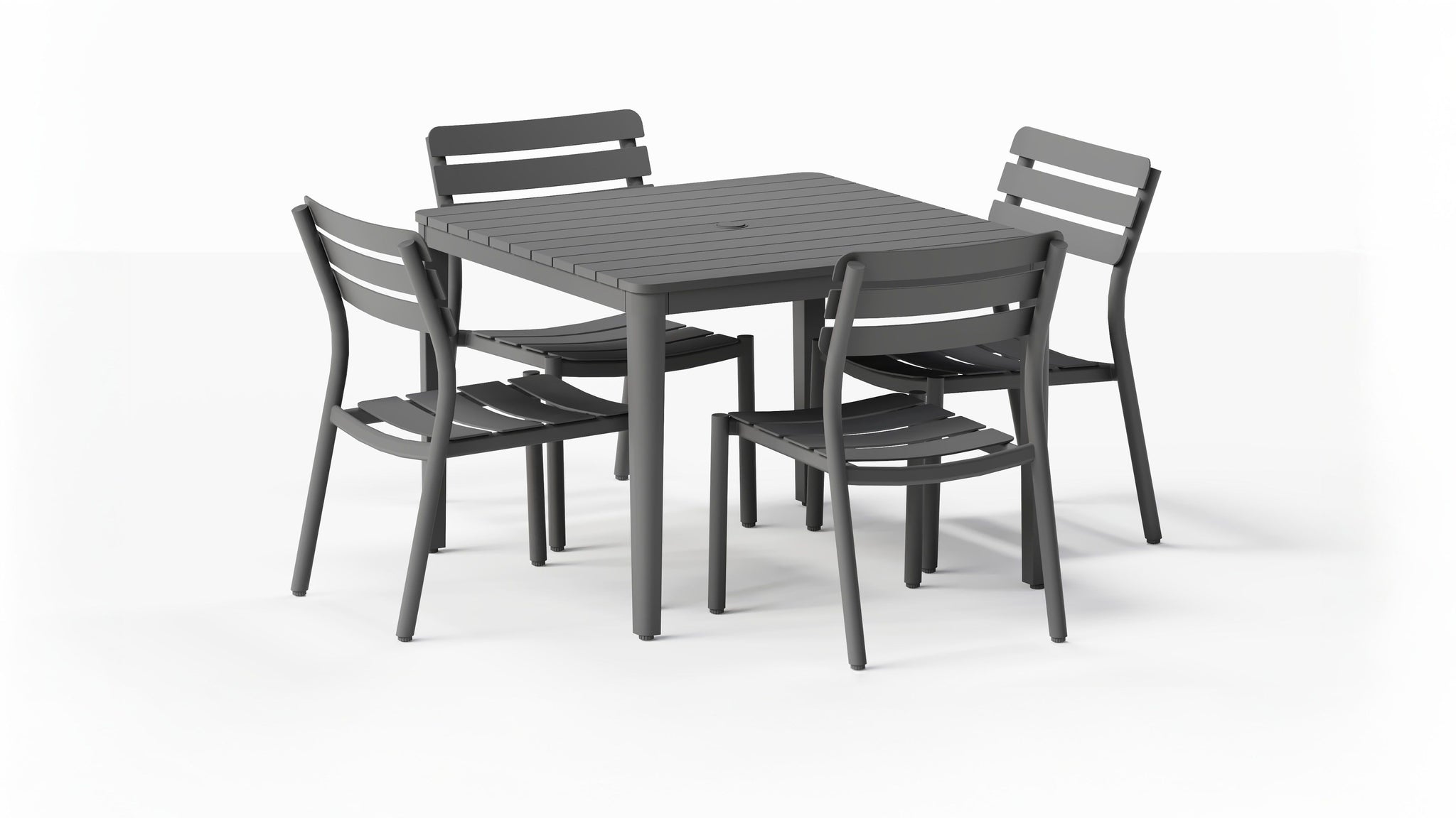 Aluminum square dining table and four armless dining chairs