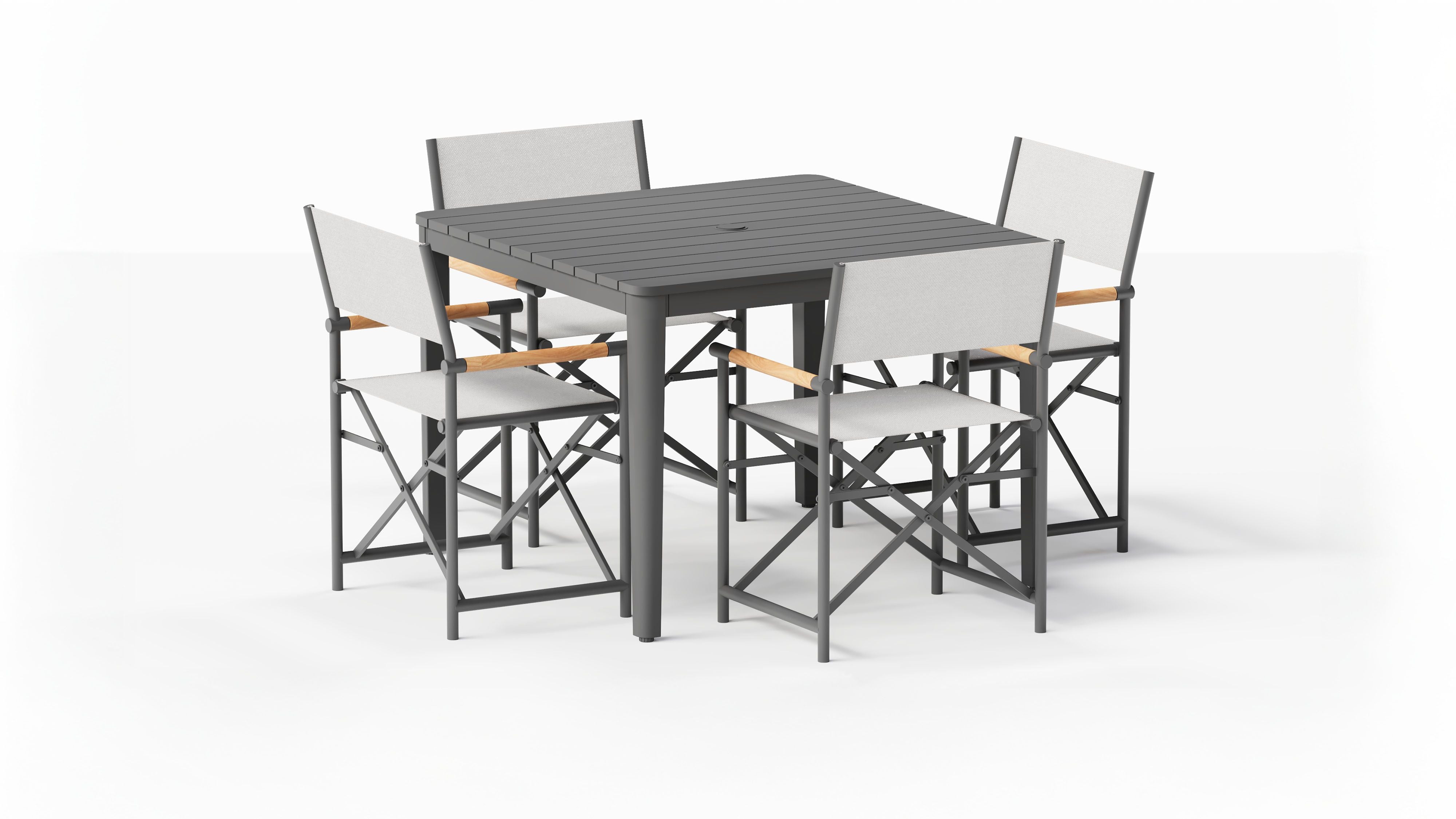 Aluminum Outdoor Square Dining Table + 4 Aluminum Director's Chairs #color_charcoal