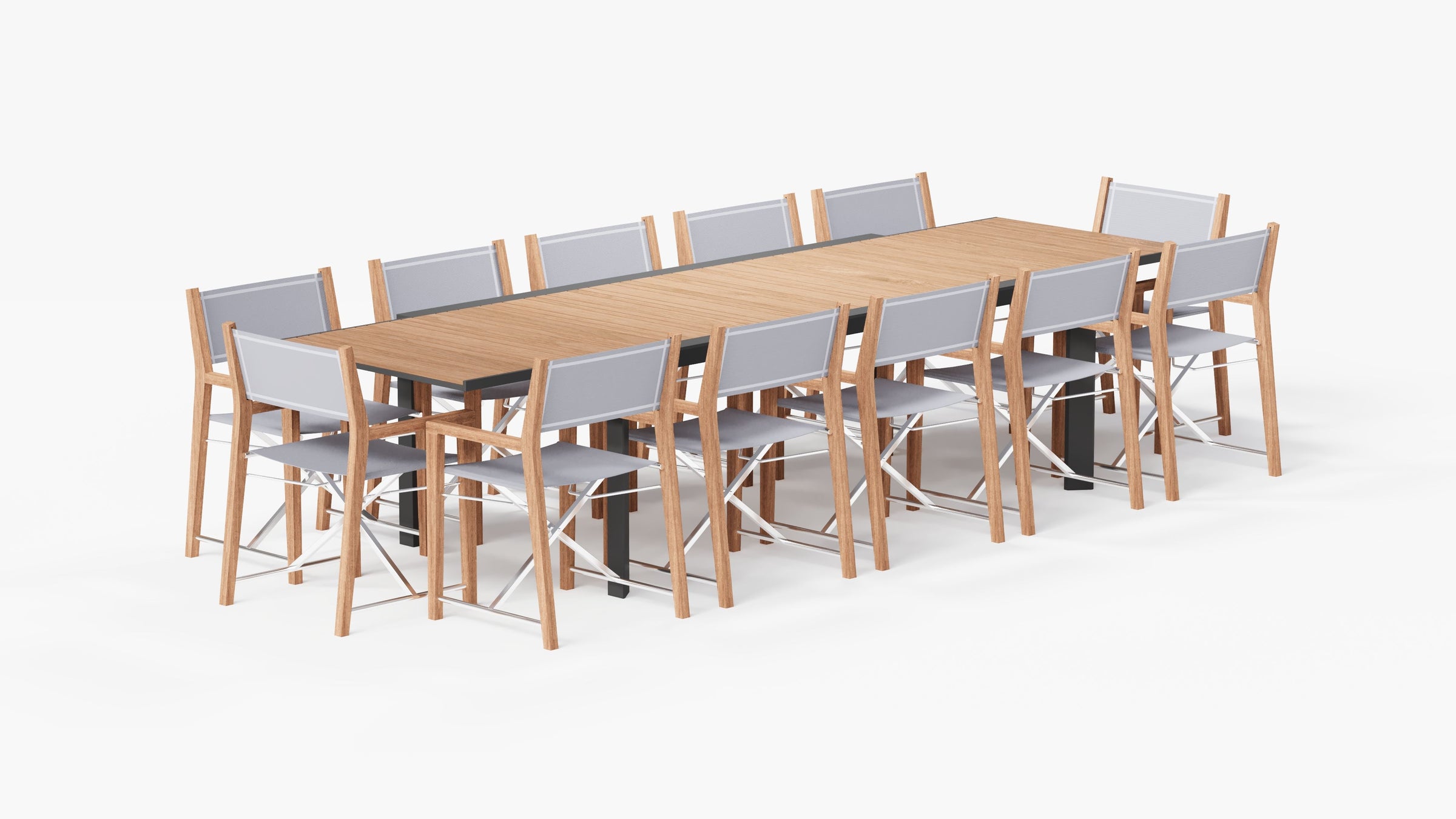 Outer teak and aluminum extendable dining table fully arranged with twelve director chairs