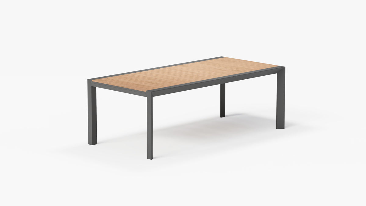 Teak and aluminum outdoor expandable dining table closed