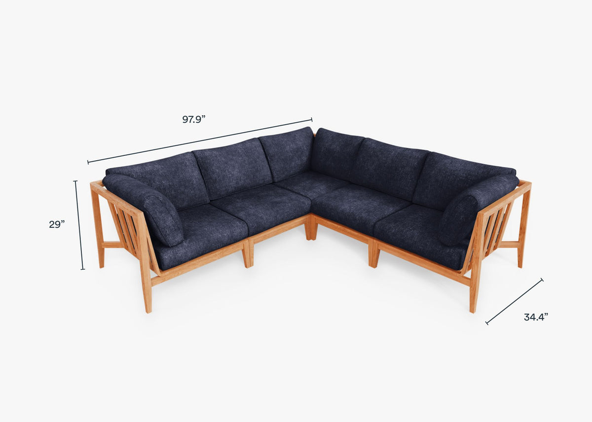 Teak outdoor corner sectional sofa with 5 deep sea navy cushions, designed for outdoor use.-teak outdoor sofa-outer #color_deep sea navy