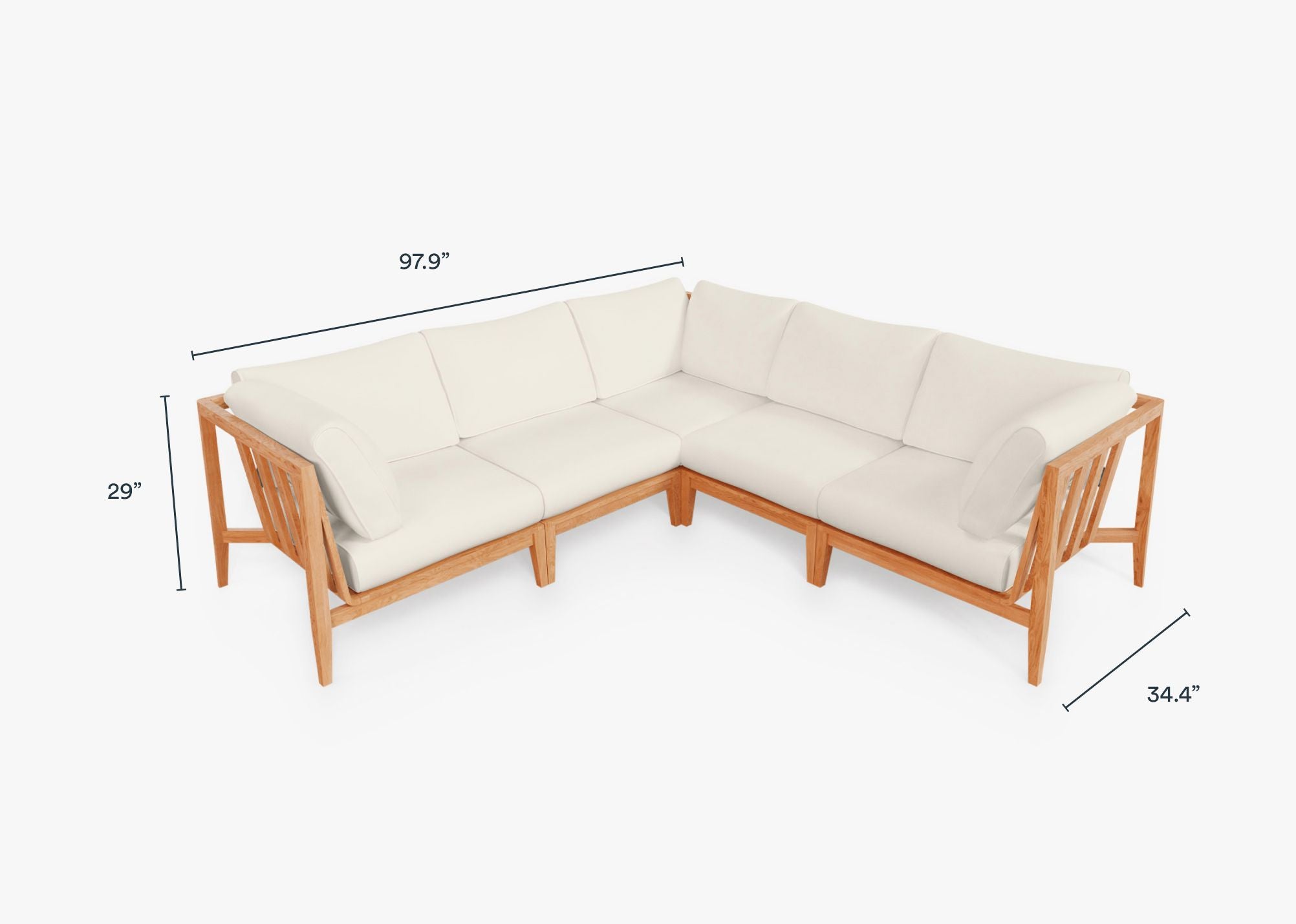 Teak outdoor corner sectional sofa with 5 seats, featuring a modern design and cream cushions.-teak outdoor sofa-outer #color_palisades cream