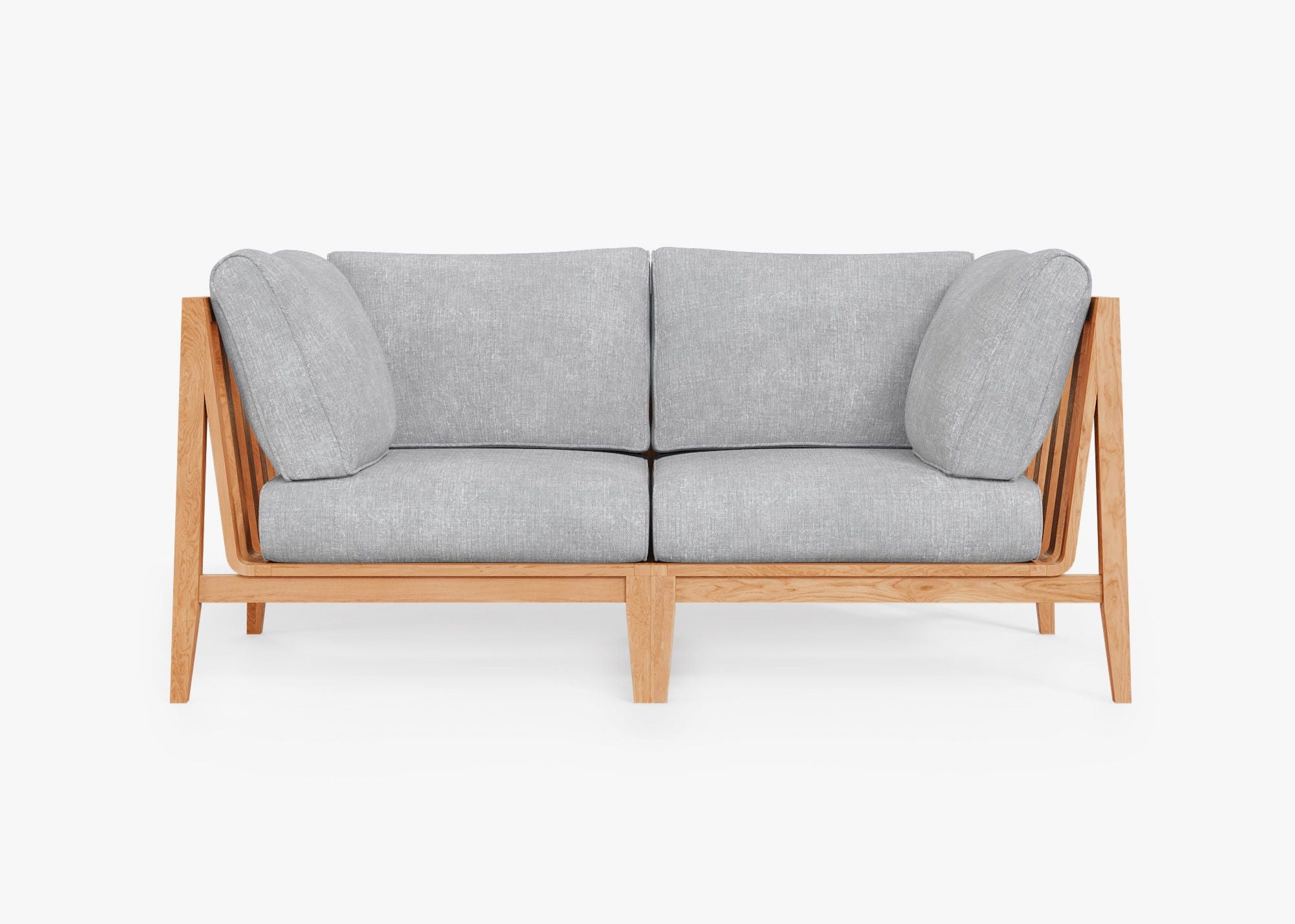 Teak Outdoor Loveseat, front. Comfortable, durable, and weather resistant outdoor seating with memory foam. #color_pacific fog gray