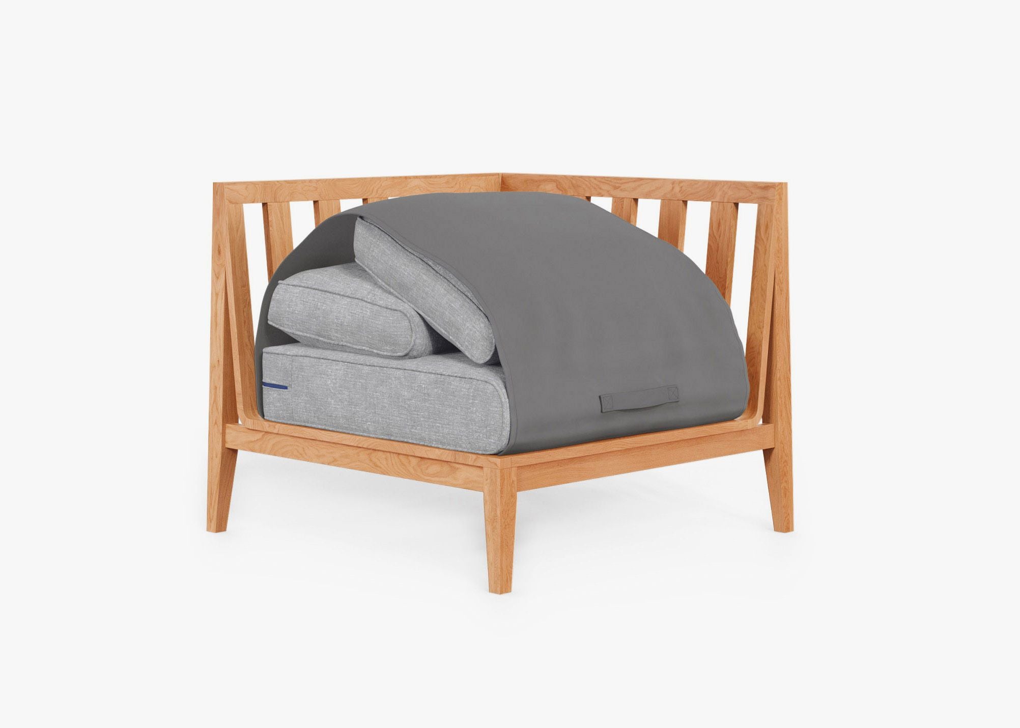 Teak Outdoor Sectional Chair - Left shown with the OuterShell outdoor cushion cover, offering exclusive integrated protection. #color_pacific fog gray