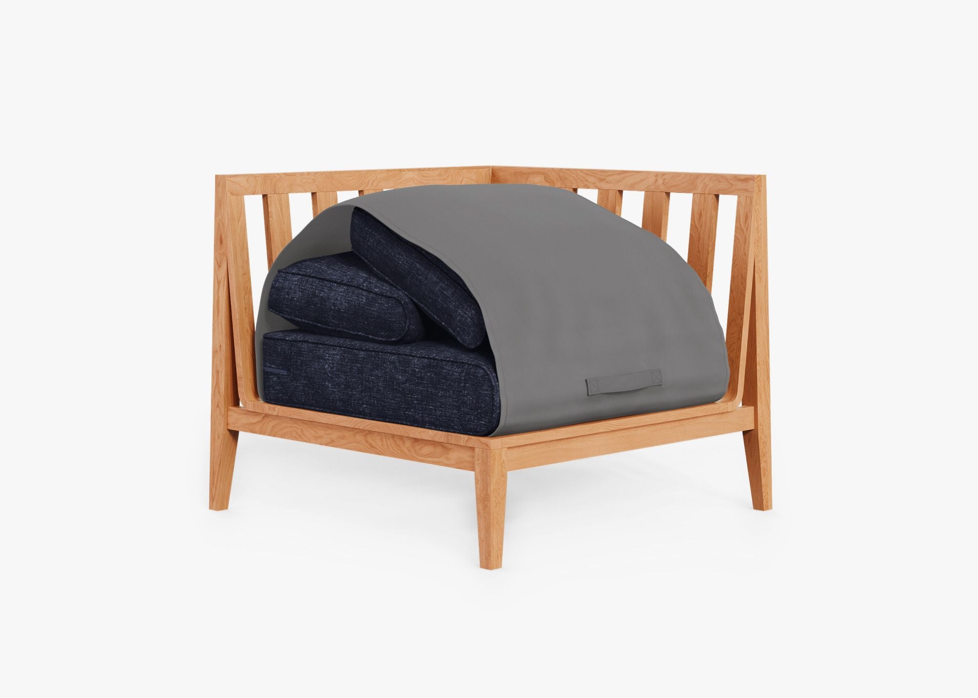 Teak Outdoor Sectional Chair - Left shown with the OuterShell outdoor cushion cover, offering exclusive integrated protection. #color_deep sea navy