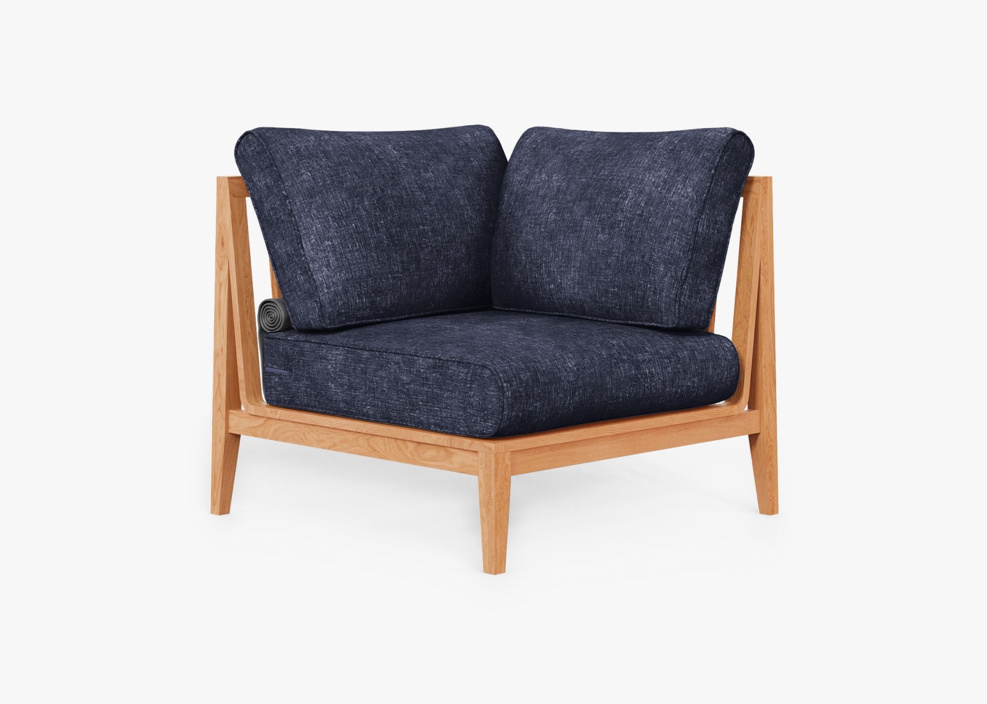 Teak Outdoor Sectional Chair - Left, front. Comfortable, durable, and weather resistant outdoor seating with memory foam. #color_deep sea navy