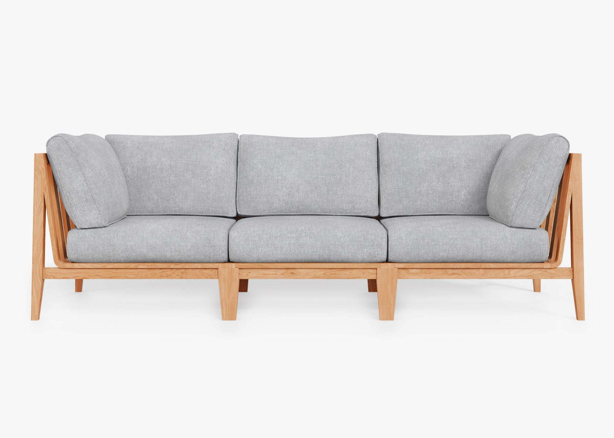 Teak Outdoor Sofa - 3 Seat, front. Comfortable, durable, and weather resistant outdoor seating with memory foam. #color_pacific fog gray