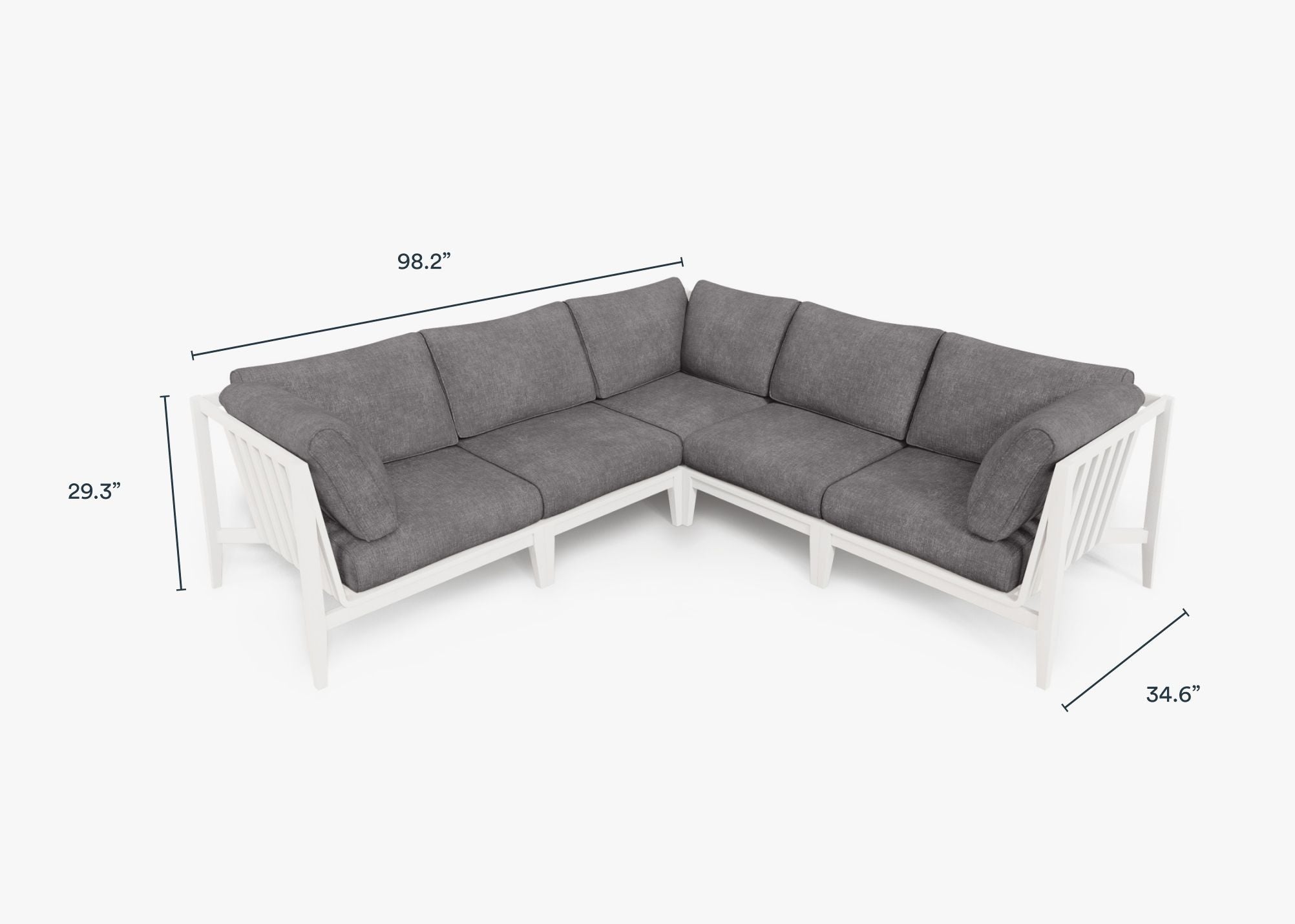 White Aluminum Outdoor Corner Sectional - 5 Seat dimensions in inches, also listed under Dimensions and Weights. #color_dark pebble gray