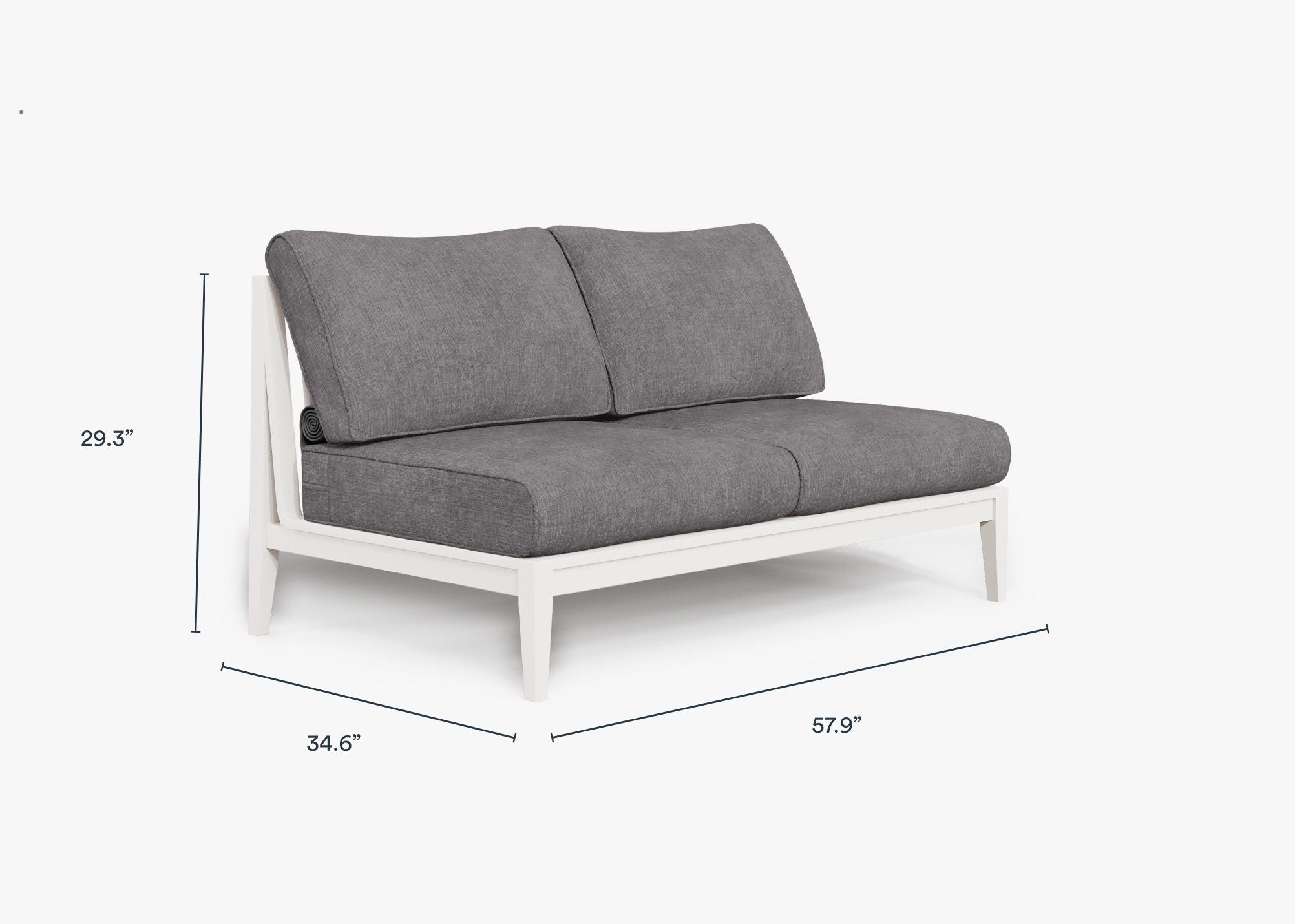 White Aluminum Outdoor Armless Loveseat dimensions in inches, also listed under Dimensions and Weights. #color_dark pebble gray