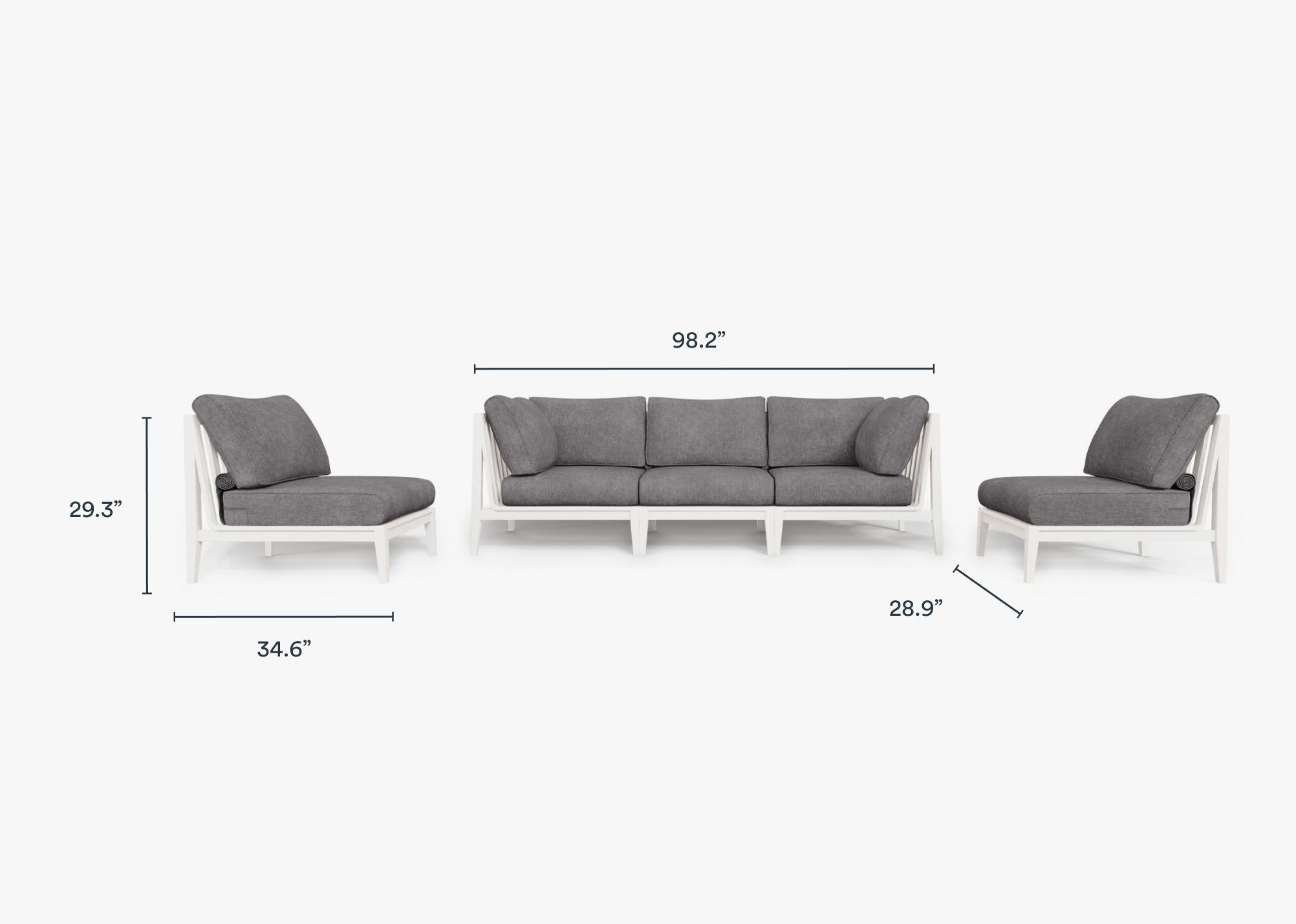 White Aluminum Outdoor Sofa with Armless Chairs - 5 Seat dimensions in inches, also listed under Dimensions and Weights. #color_dark pebble gray