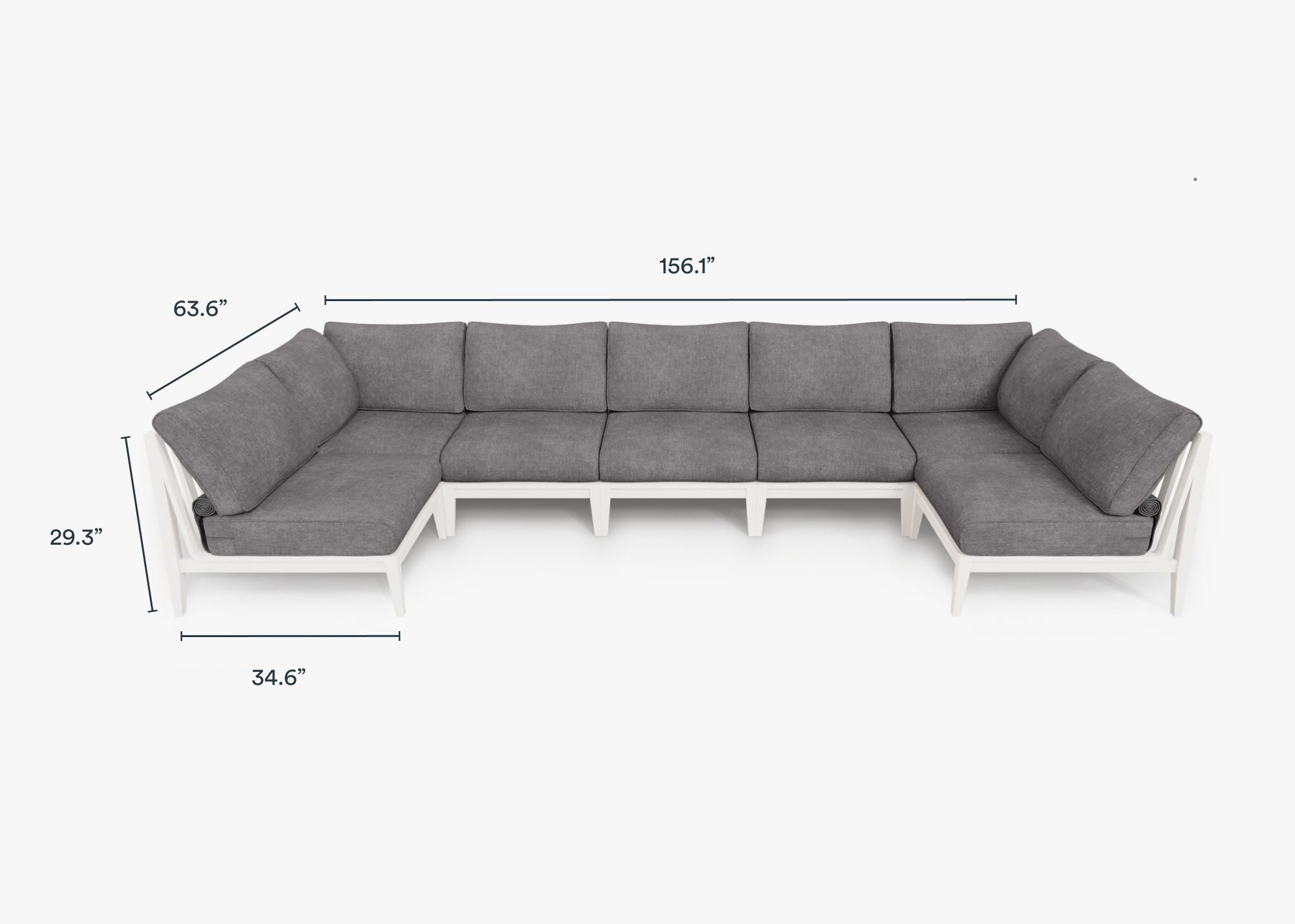 White Aluminum Outdoor U Sectional - 7 Seat dimensions in inches, also listed under Dimensions and Weights. #color_dark pebble gray