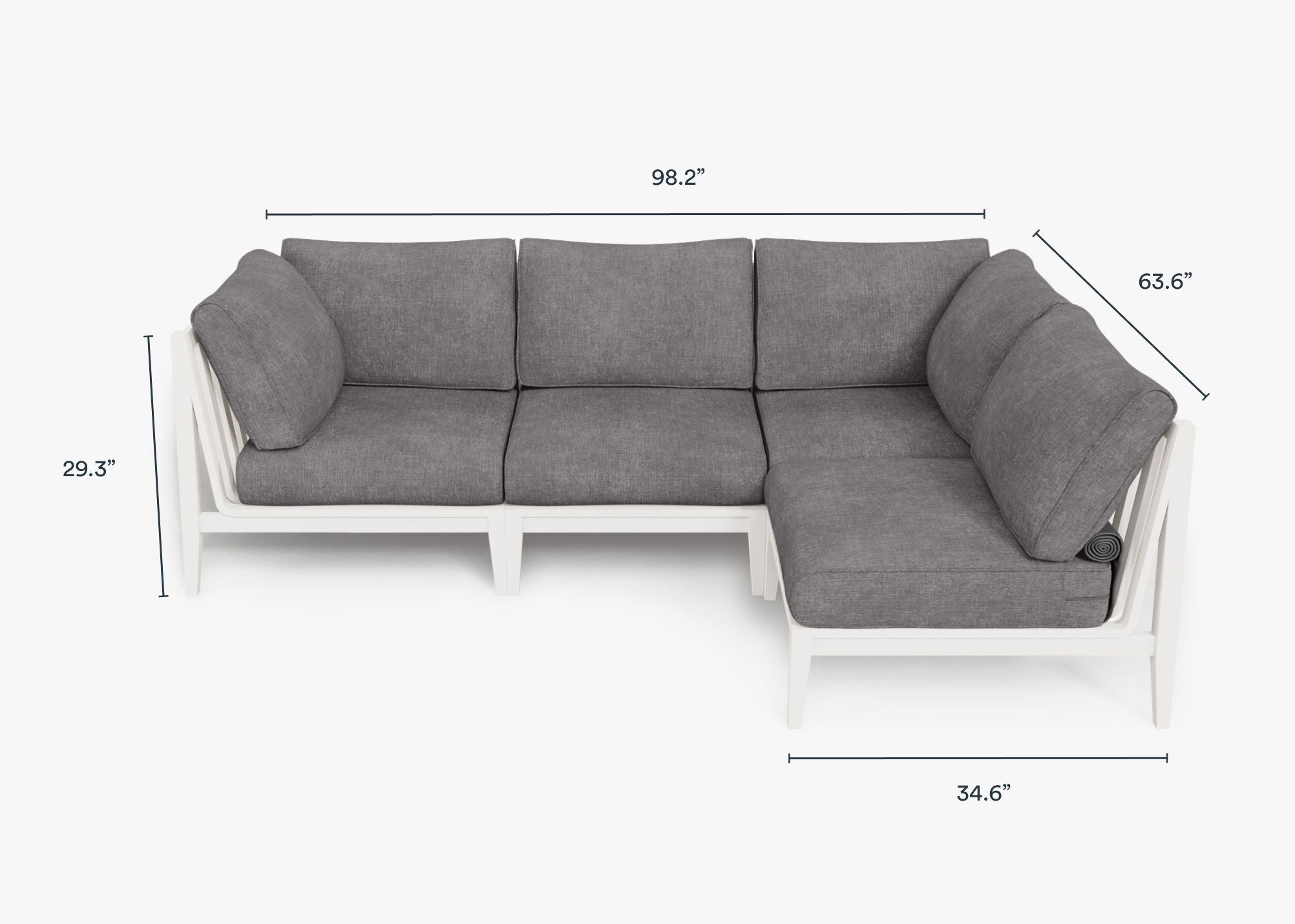 White Aluminum Outdoor L Sectional - 4 Seat dimensions in inches, also listed under Dimensions and Weights. #color_dark pebble gray