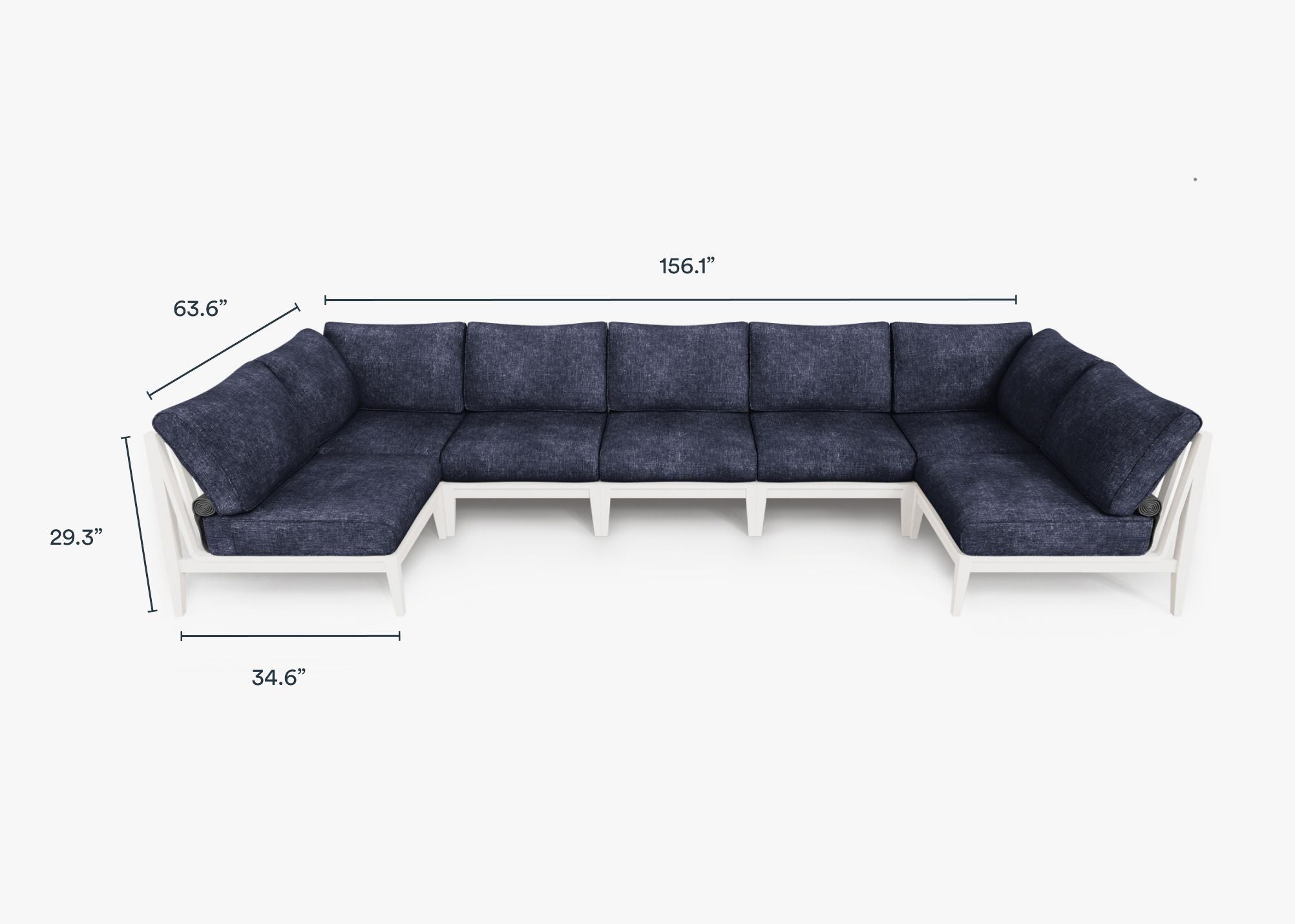 White Aluminum Outdoor U Sectional - 7 Seat dimensions in inches, also listed under Dimensions and Weights. #color_deep sea navy