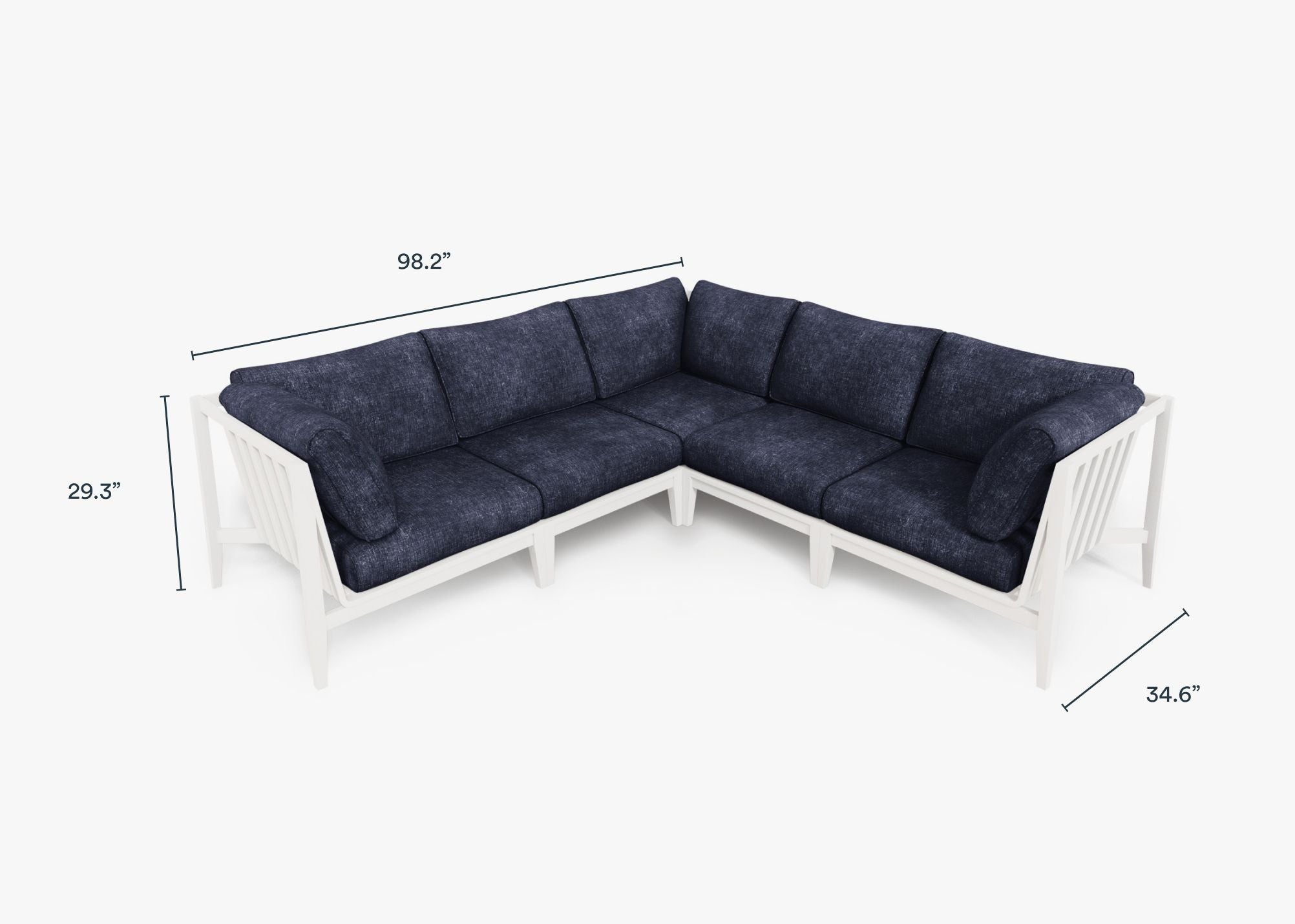 White Aluminum Outdoor Corner Sectional - 5 Seat dimensions in inches, also listed under Dimensions and Weights. #color_deep sea navy