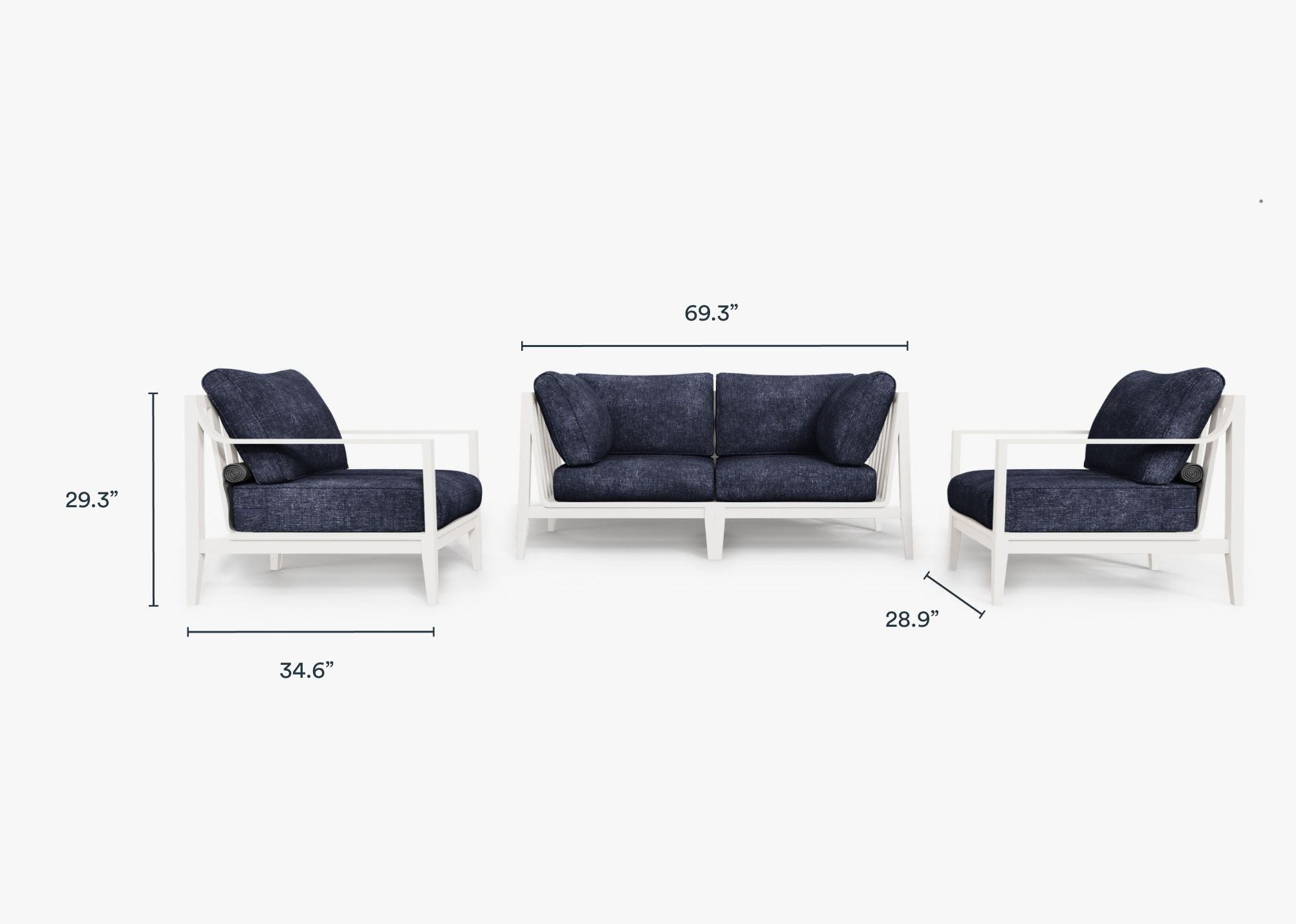 White Aluminum Outdoor Loveseat with Armchairs - 4 Seat dimensions in inches, also listed under Dimensions and Weights. #color_deep sea navy