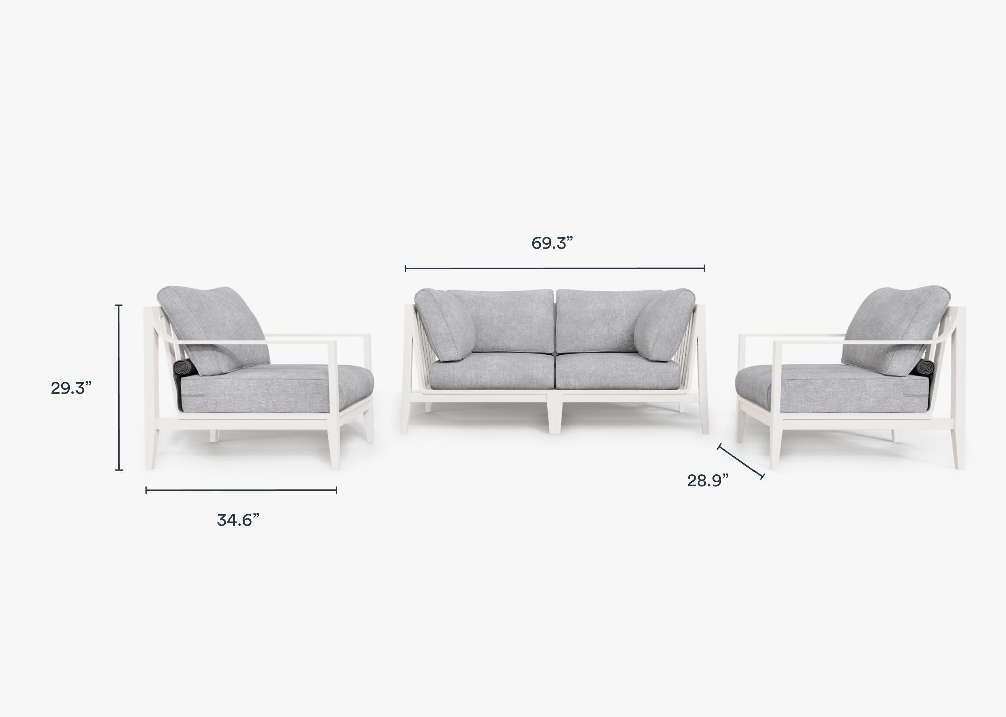 White Aluminum Outdoor Loveseat with Armchairs - 4 Seat dimensions in inches, also listed under Dimensions and Weights. #color_pacific fog gray