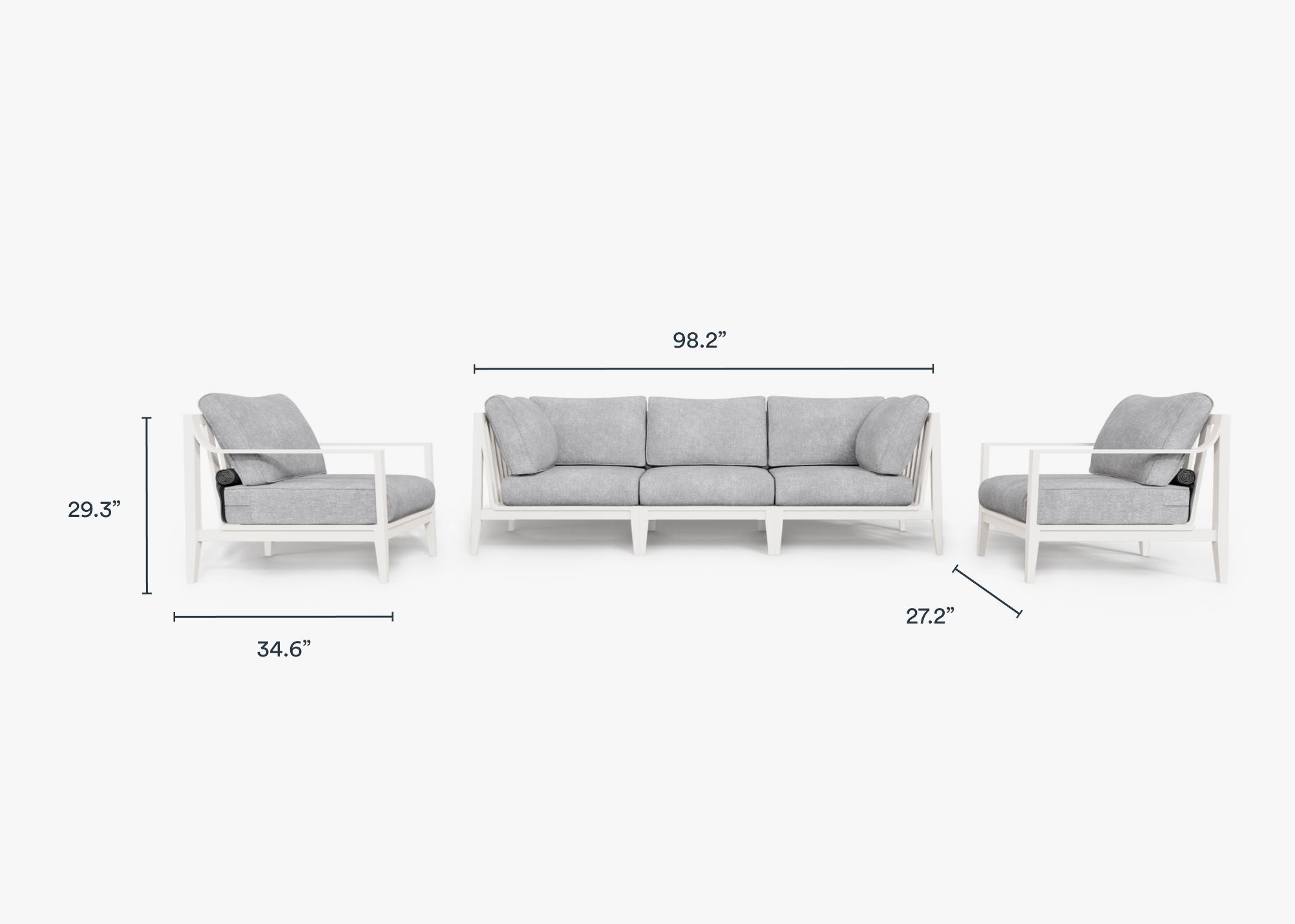 White Aluminum Outdoor Sofa with Armchairs - 5 Seat dimensions in inches, also listed under Dimensions and Weights. #color_pacific fog gray