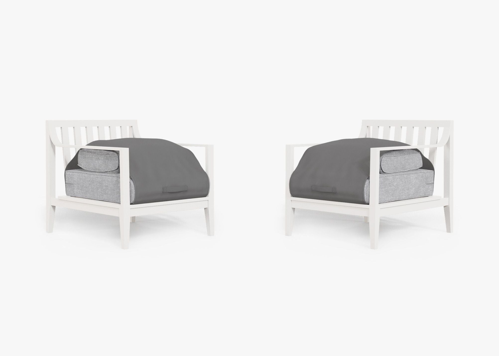 White Aluminum Outdoor Armchair Conversation Set shown with the OuterShell outdoor cushion cover, offering exclusive integrated protection. #color_pacific fog gray