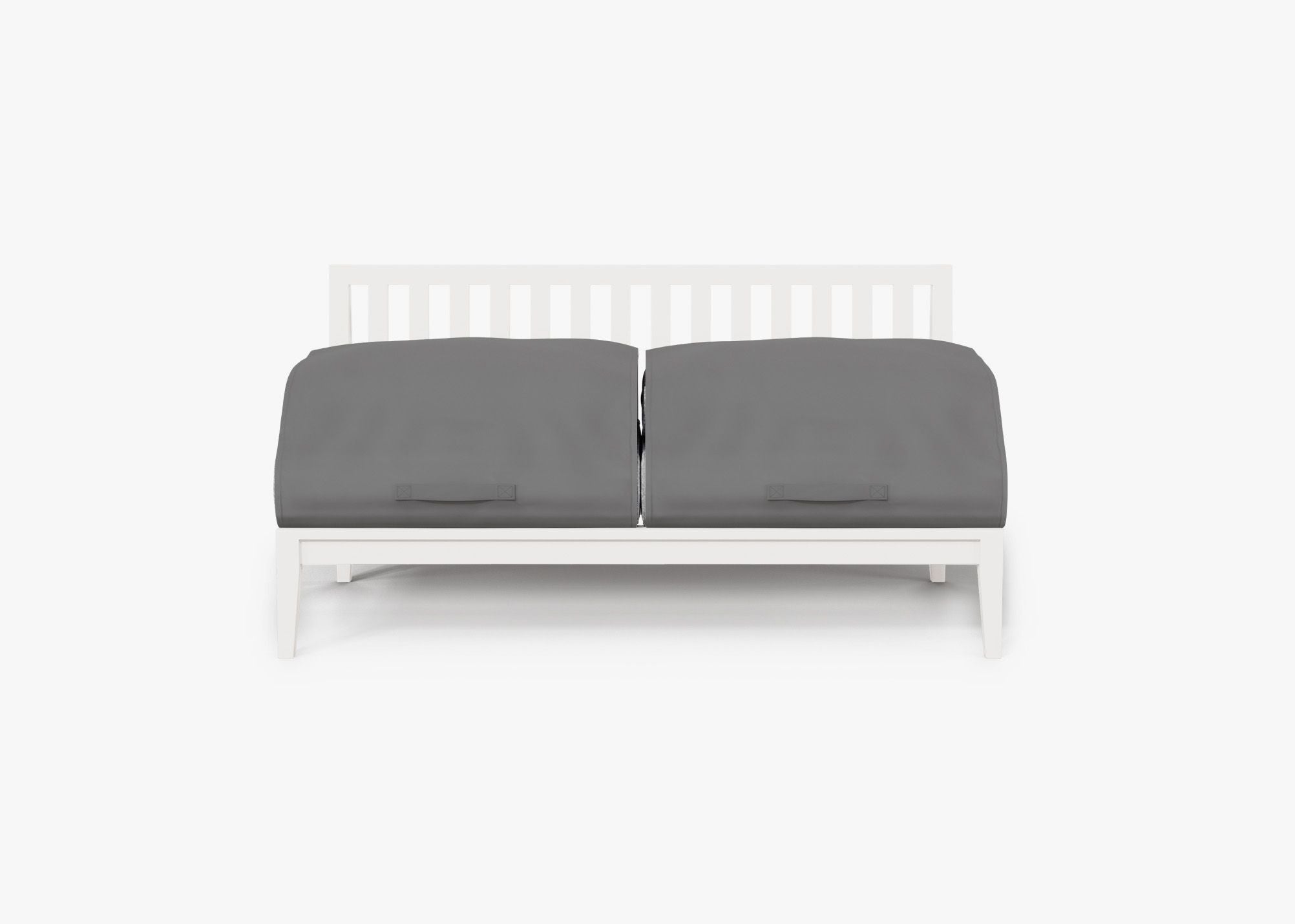 White Aluminum Outdoor Armless Loveseat shown with the OuterShell outdoor cushion cover, offering exclusive integrated protection. #color_pacific fog gray