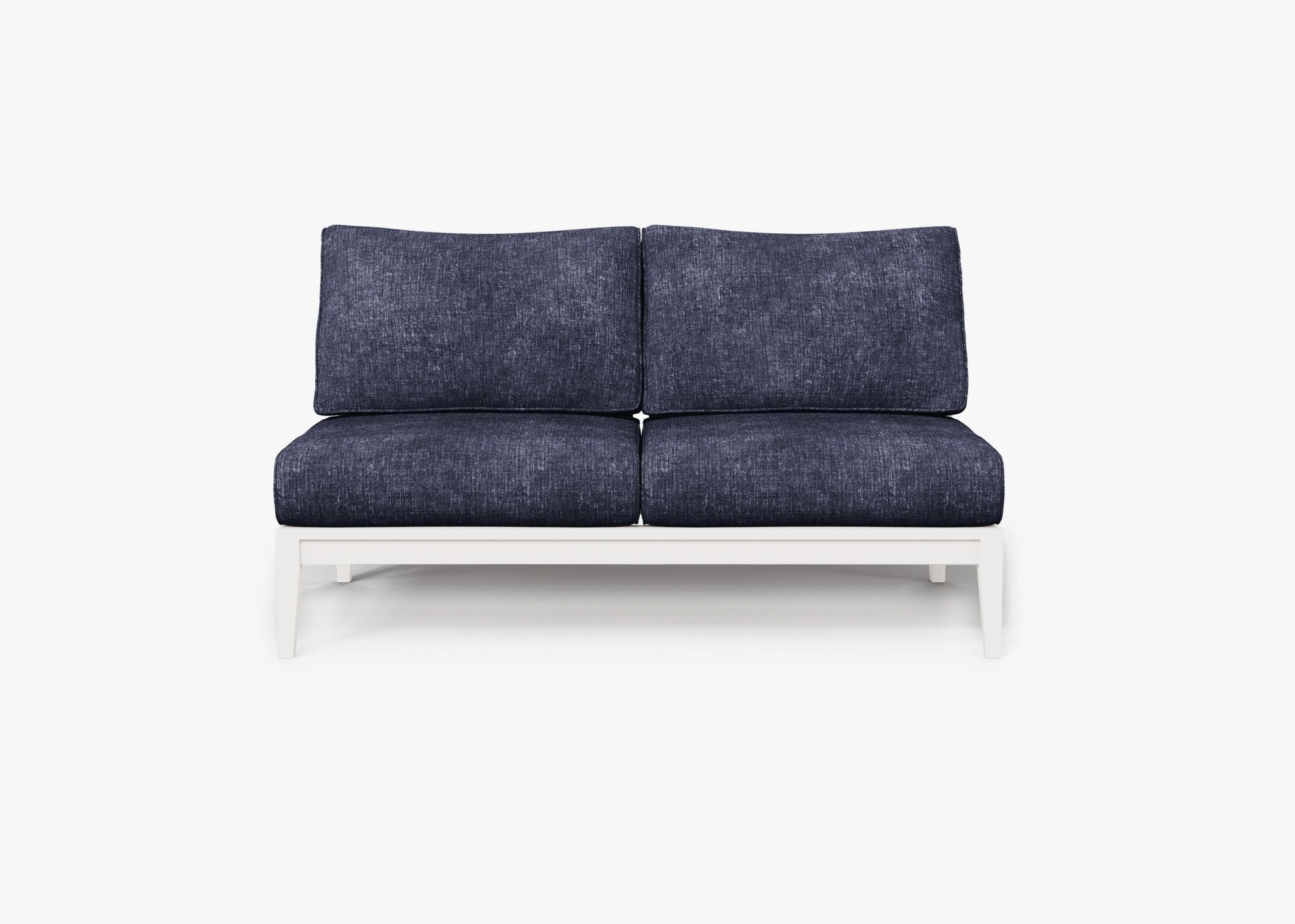 White Aluminum Outdoor Armless Loveseat, front. Comfortable, durable, and weather resistant outdoor seating with memory foam. #color_deep sea navy