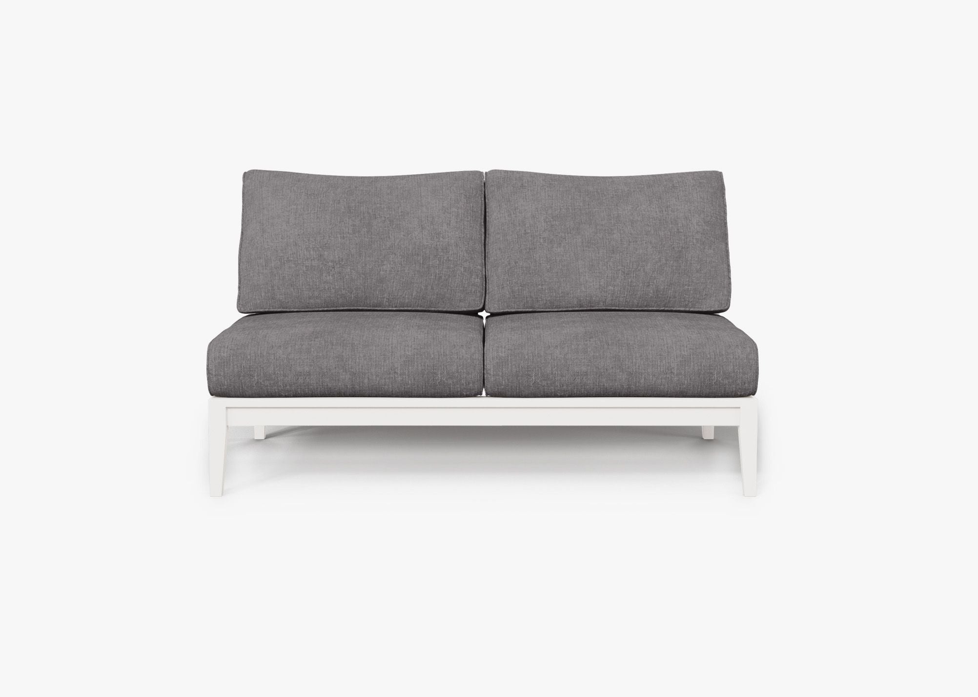 White Aluminum Outdoor Armless Loveseat, front. Comfortable, durable, and weather resistant outdoor seating with memory foam. #color_dark pebble gray